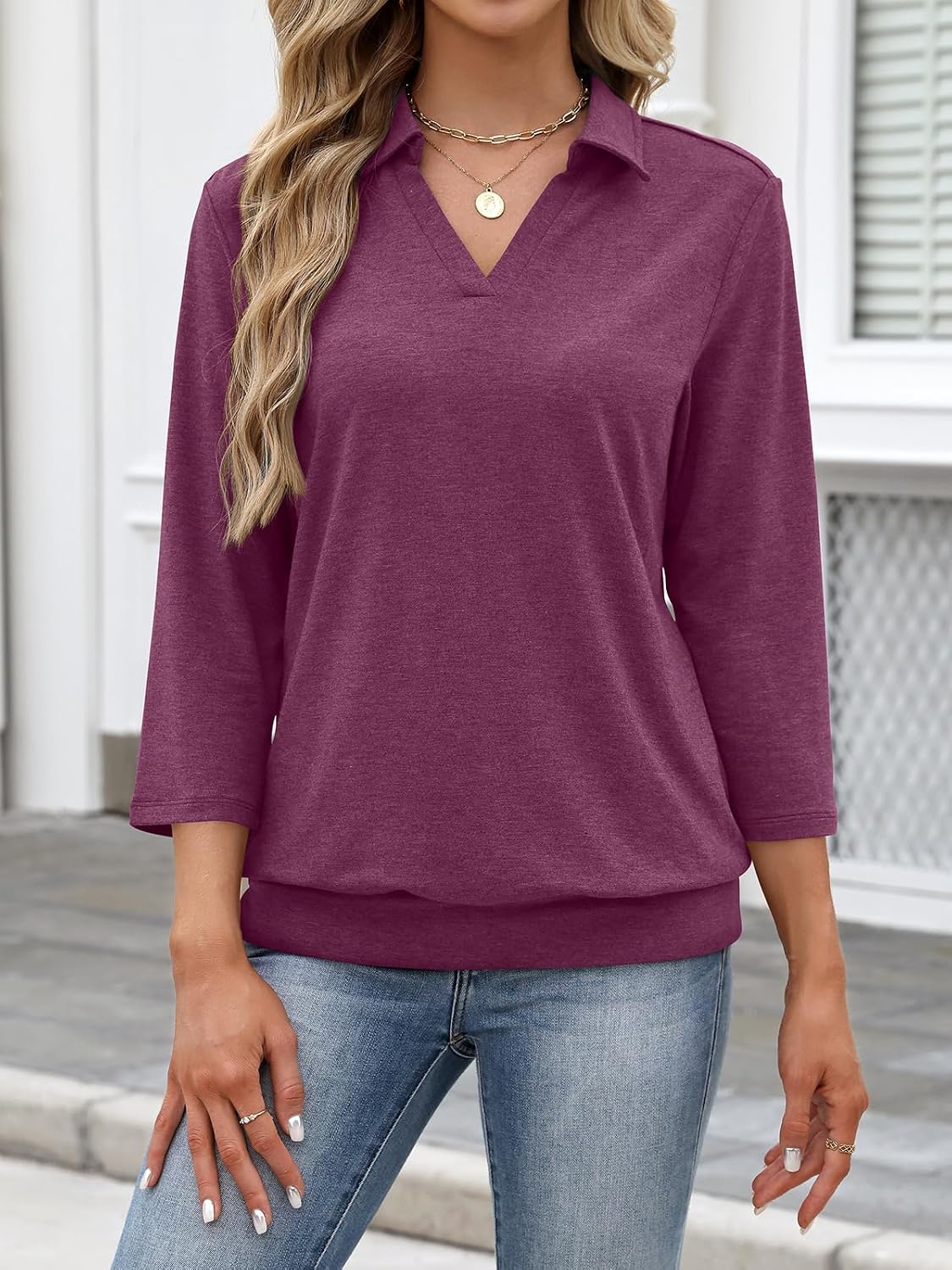 TICTICMISS Womens Polo Shirts 3/4 Sleeve Banded Bottom Summer Dressy Tops