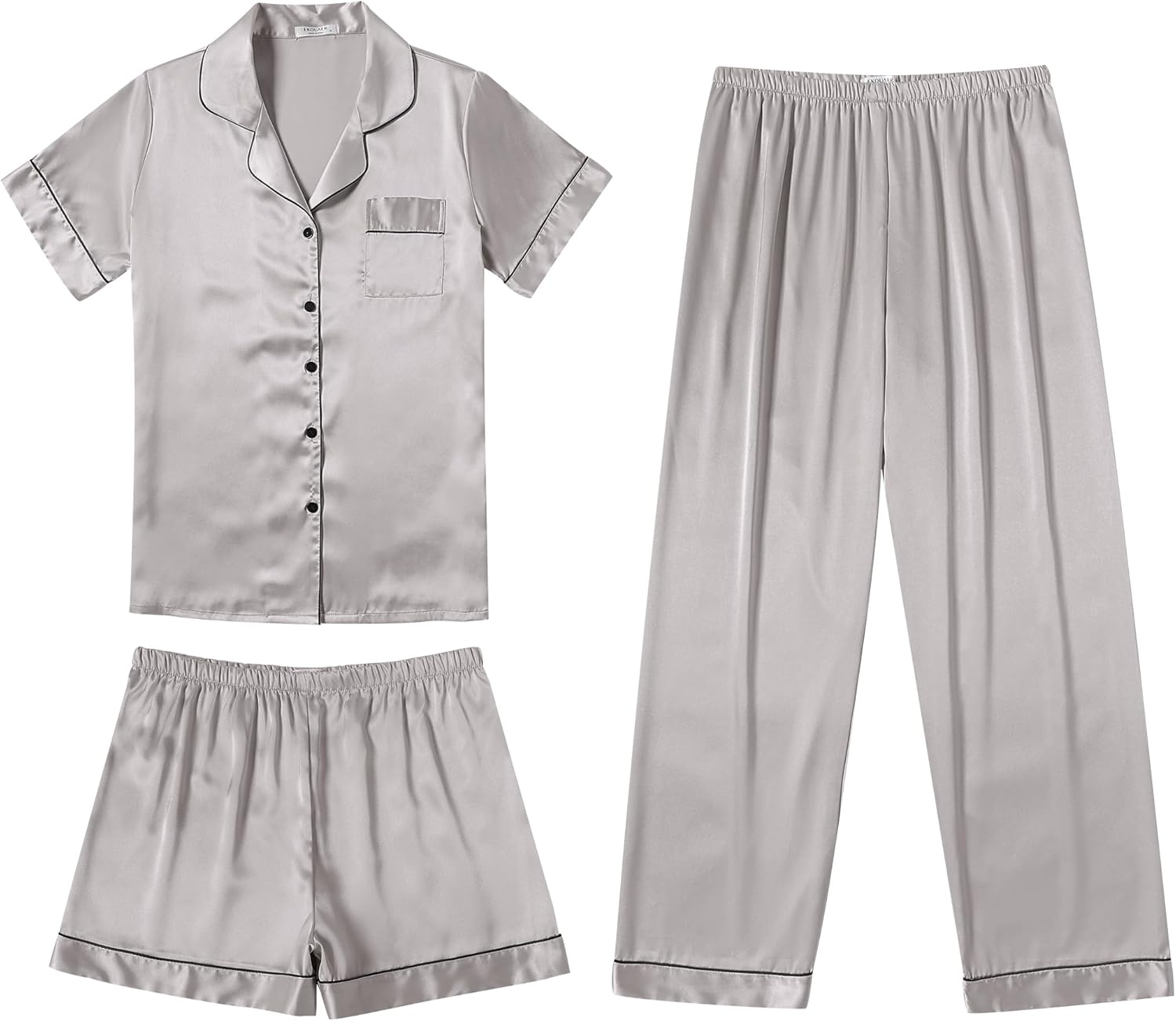 Ekouaer Silk Pajamas for Women Set Satin Pjs Soft Short Sleeve Button Down Sleepwear 3 Piece Loungewear S-XXL