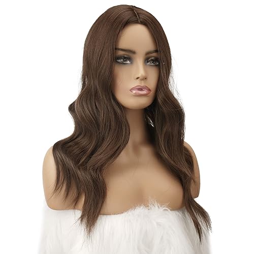Miniatura 5 de FESHFEN Pelucas largas de color marrón para mujer, de 22 pulgadas, peluca larga y ondulada, pelucas de partición media, peluca sintética de aspecto