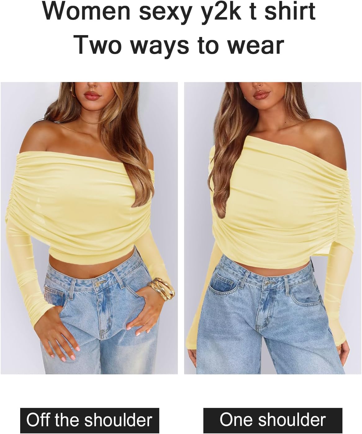 Women's Sexy Mesh Long Sleeve Top for Women Off Shoulder Sheer Ruched Going Out Tops Cocktail Party Outfits - Image 5