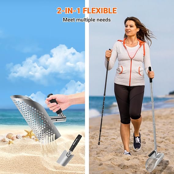 Long Handle Sand Scoop with Shovel for Metal Detecting, Heavy Duty Stainless Steel Metal Detecting Tool, Treasure Finds Scoop, Fast Sifting Shovel