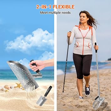 Long Handle Sand Scoop with Shovel for Metal Detecting, Heavy Duty Stainless Steel Metal Detecting Tool, Treasure Finds Scoop, Fast Sifting Shovel