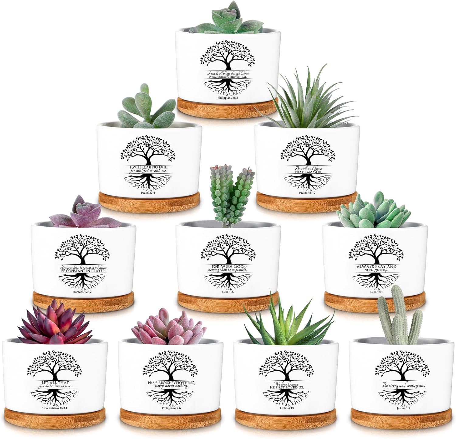 Serial 10 Pcs Bible Verse Succulent Pots Tree of Life Easter Appreciation Gift 3.15 Inch Christian Planter Accessories with Bamboo Tray for Church Man of God Teacher Gardener, Plants Not Included