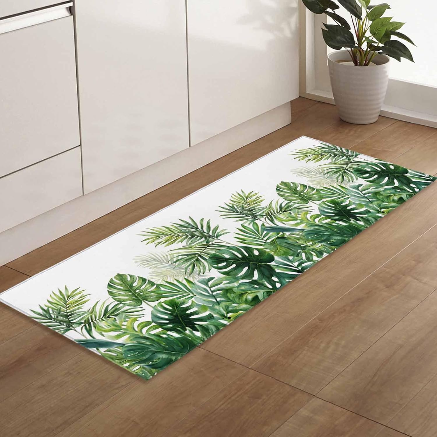 Teamery Kitchen Mats for Floor Summer Monstera Tropical Leaves Washable Non Slip Kitchen Rugs 1PCS, Watercolor Green Leaf Absorbent Standing Mats for Sink Bathroom Office Living Room 15.7x47.2in