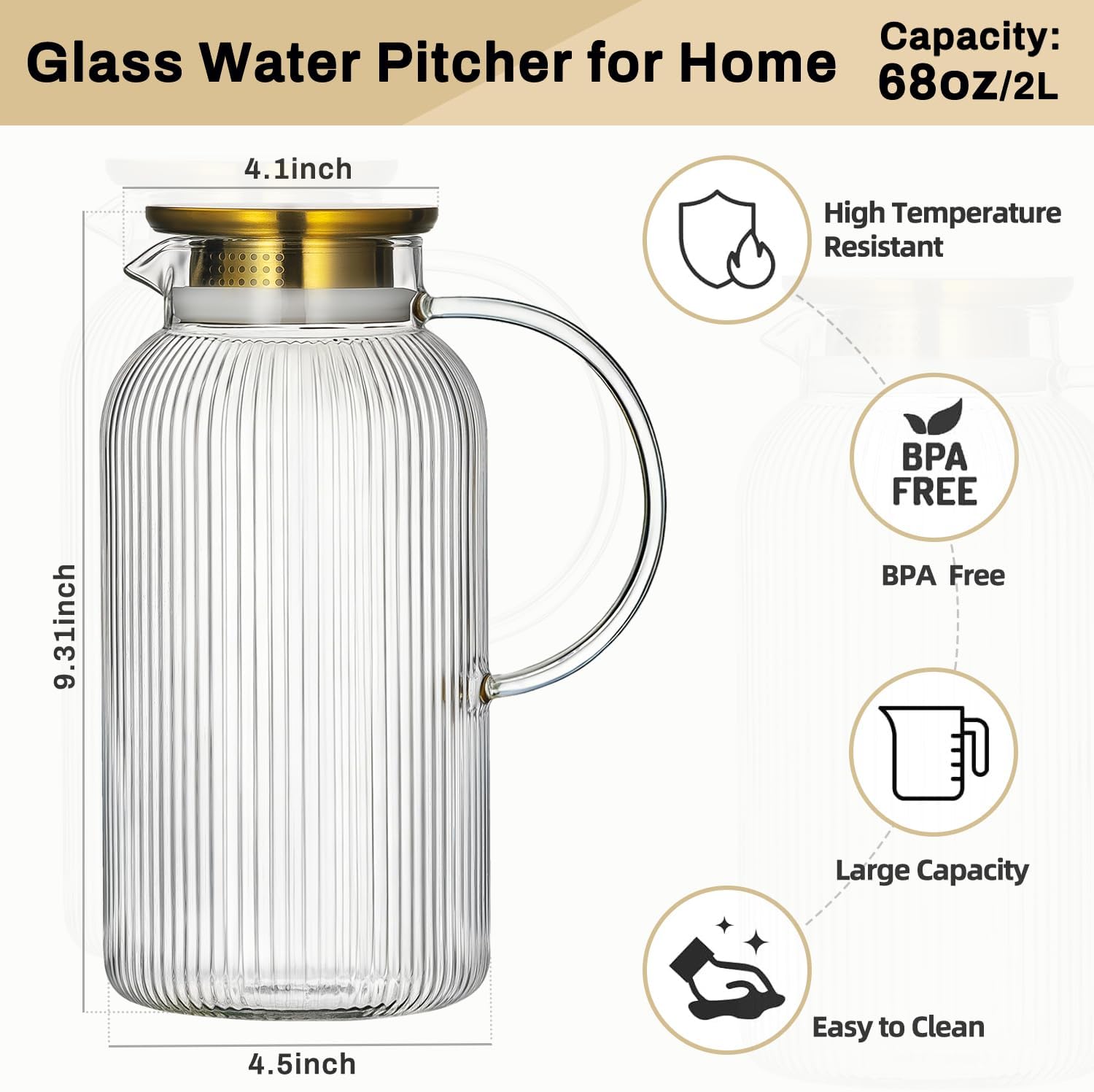 2 PACK Glass Pitcher with Lid, 68 oz/ 2 Liter Classic Vertical Stripes Water Pitcher with Silicone Base, Glass Water Carafe for Cold Brew, Coffee, Lemonade, Iced Sun Tea,Beverage,Heat Resistant - Image 2