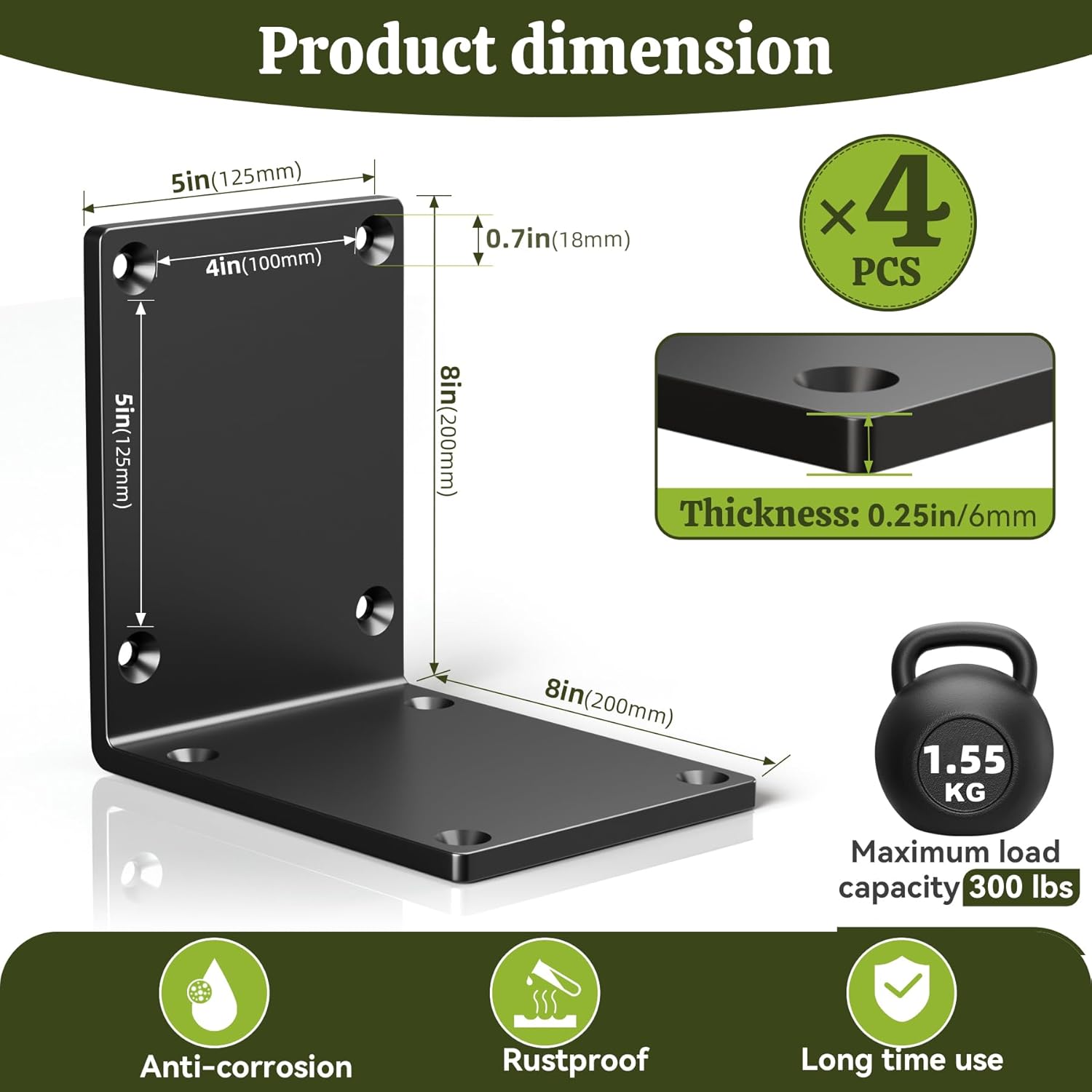 4 Pack 8"x8"x6" Post Brackets, Steel I Brackets for Wood, Heavy Duty Corner Bracket, 8x8 Post to Beam Connector, Fireplace Mantel Support Bracket, Thickness 1/4"(6 mm), Max Load 660lbs