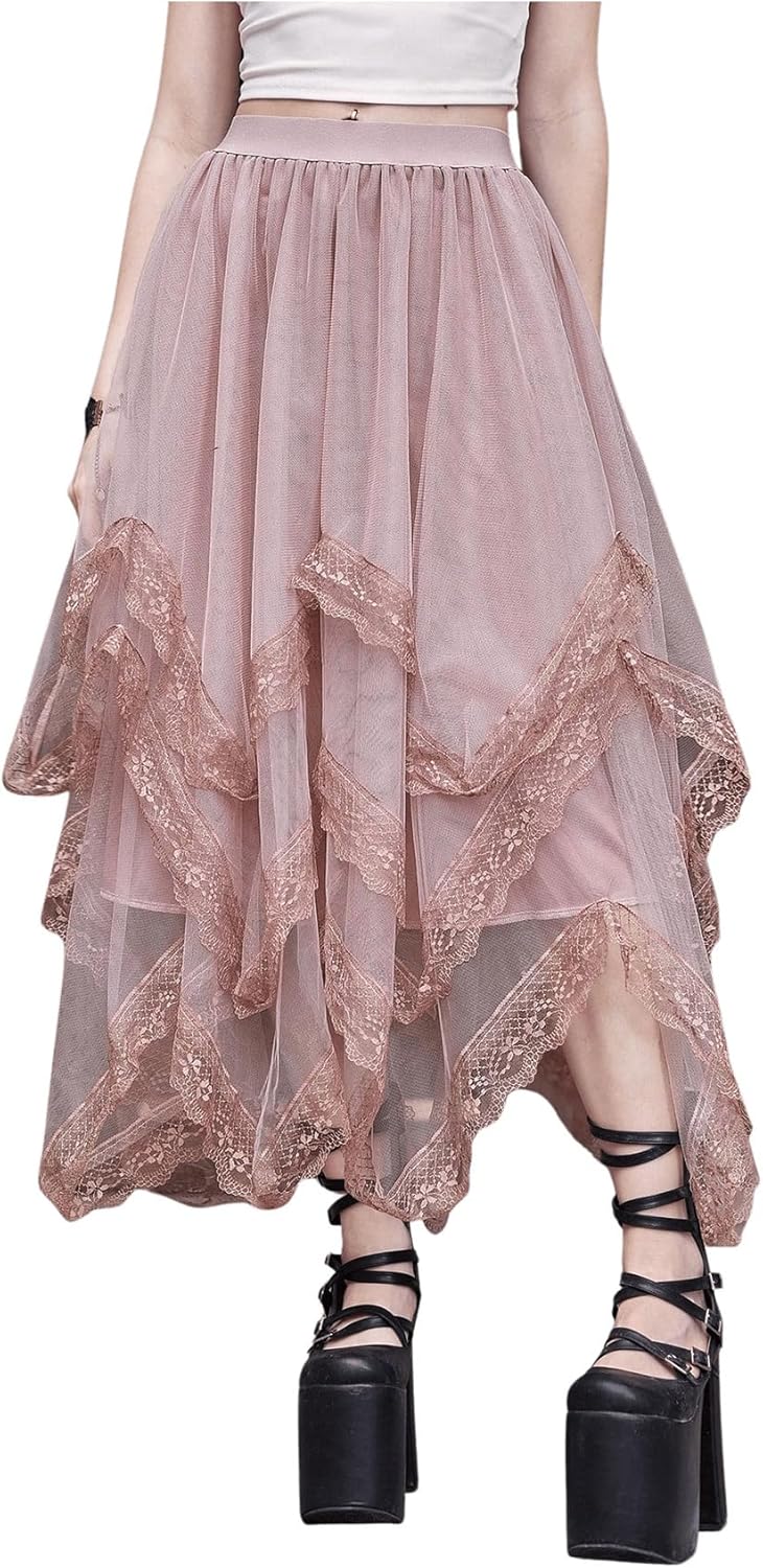 SHENHE Women's Lace Trim Layered Mesh Tulle Skirt High Waist Asymmetrical Long Goth Skirt