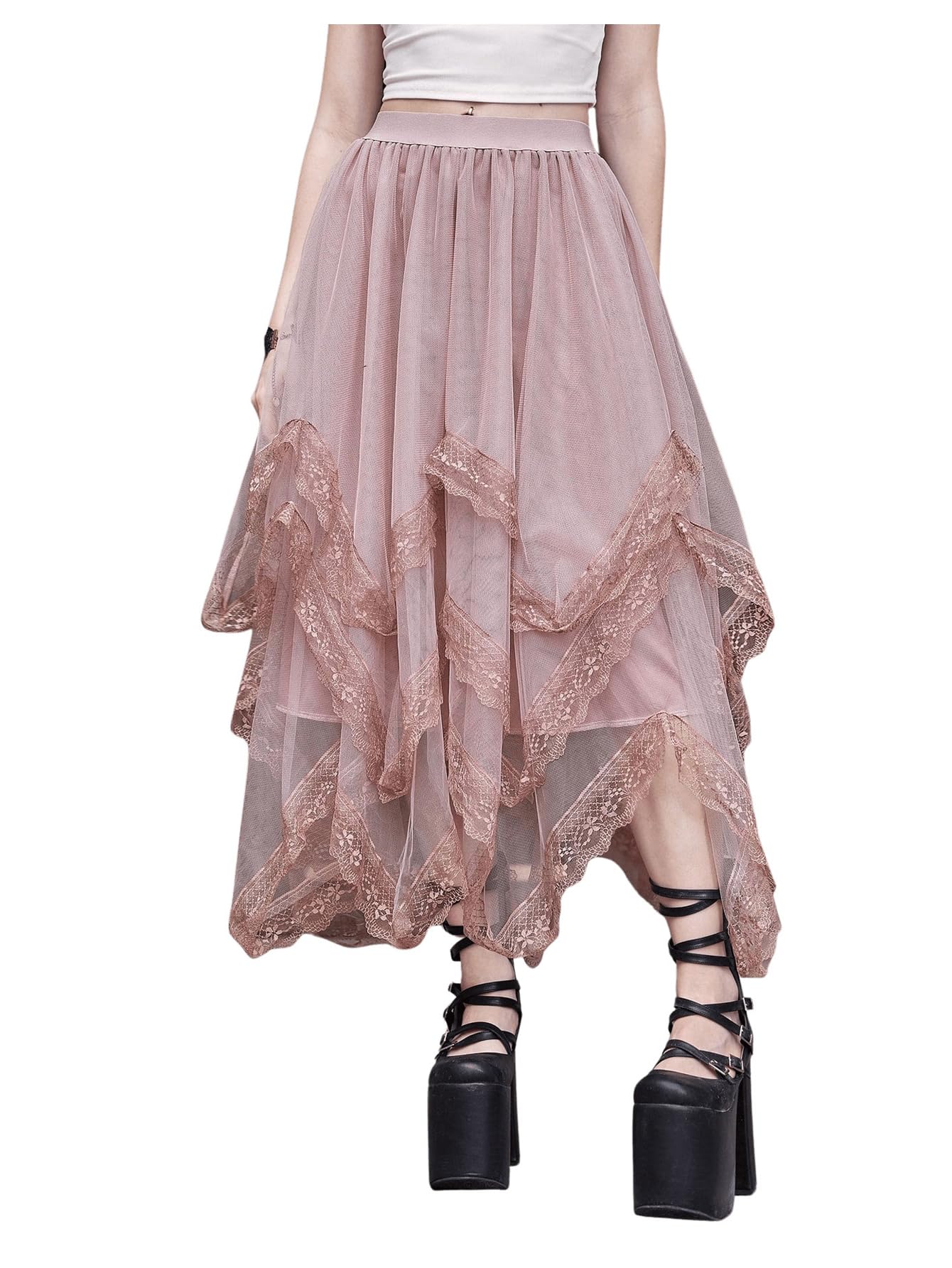 SHENHE Women's Lace Trim Layered Mesh Tulle Skirt High Waist Asymmetrical Long Goth Skirt: Small Dusty Pink