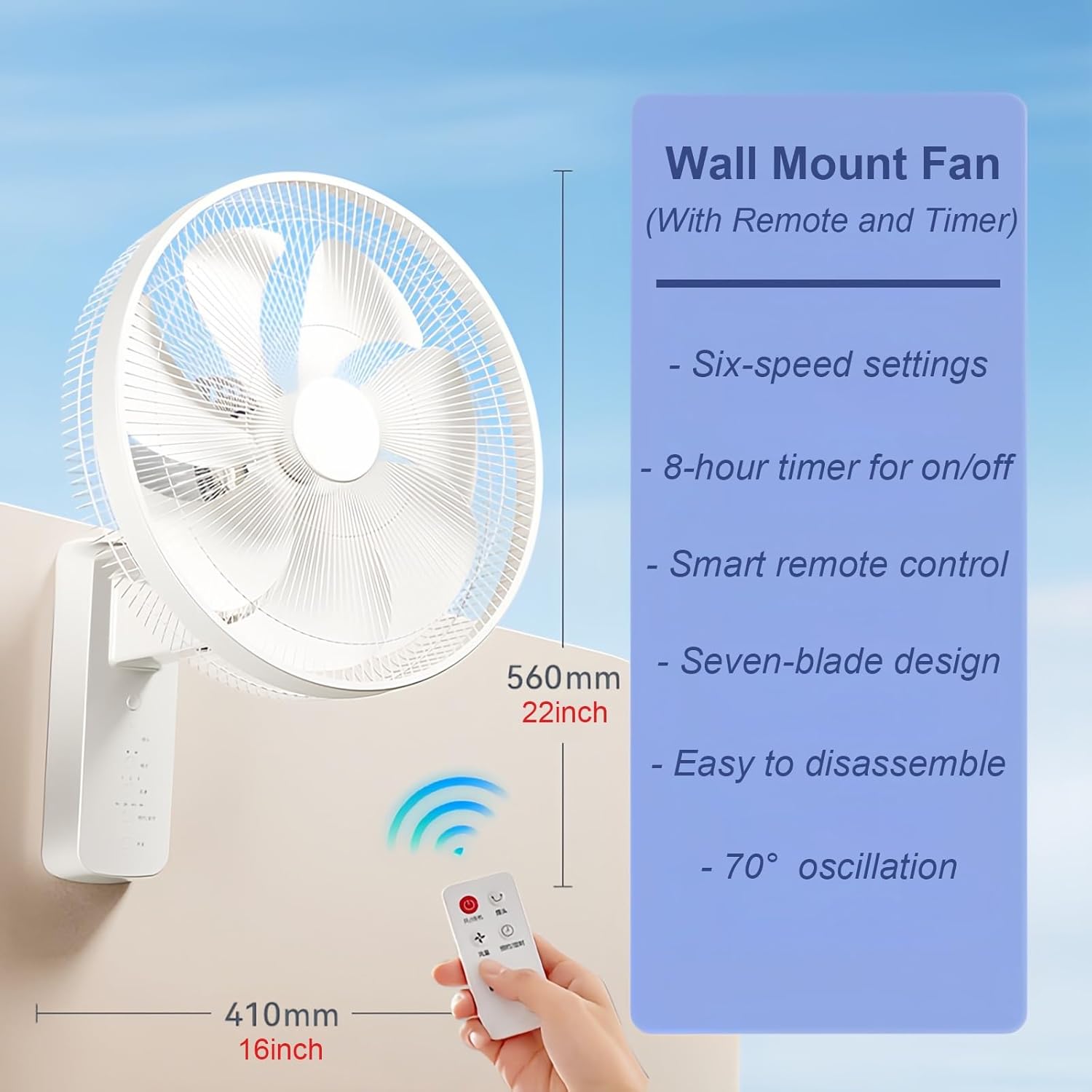 16 Inch Oscillating Wall Mount Fan, 70° Oscillation, 2 Modes, 6 Wind Speeds, High Airflow, Ideal for Indoor, Home, Office, and College Dorm Use