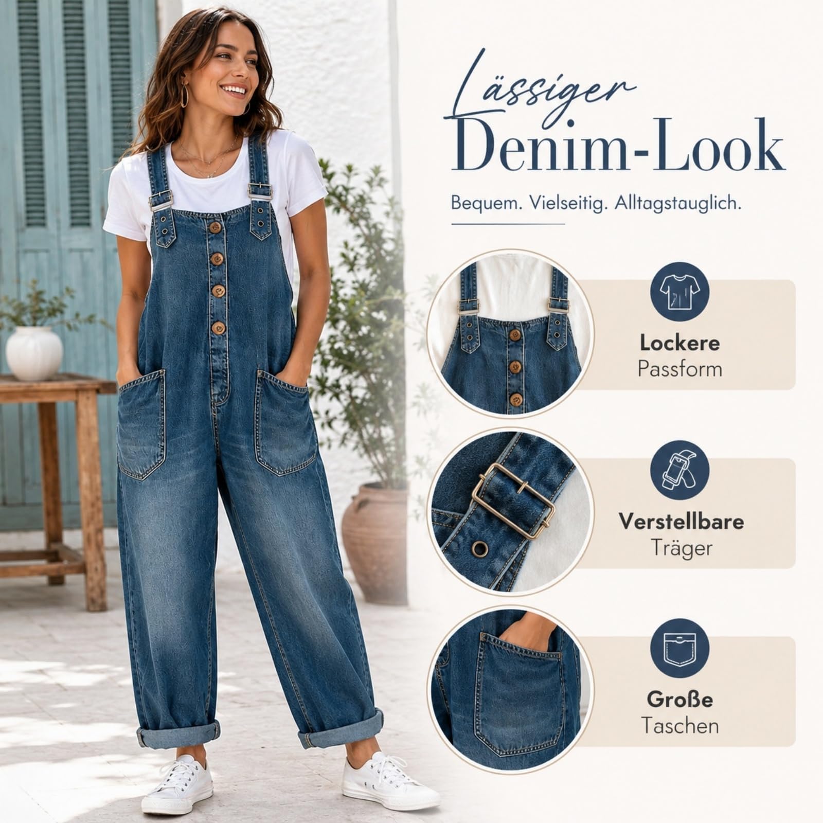 Generisch Retro Jeansoverall Damen Sommer, Jeans Overall, Lockere Latzhose mit Weitem Bein, Moderner Jumpsuit für den Alltag, Modischer Denim Anzug