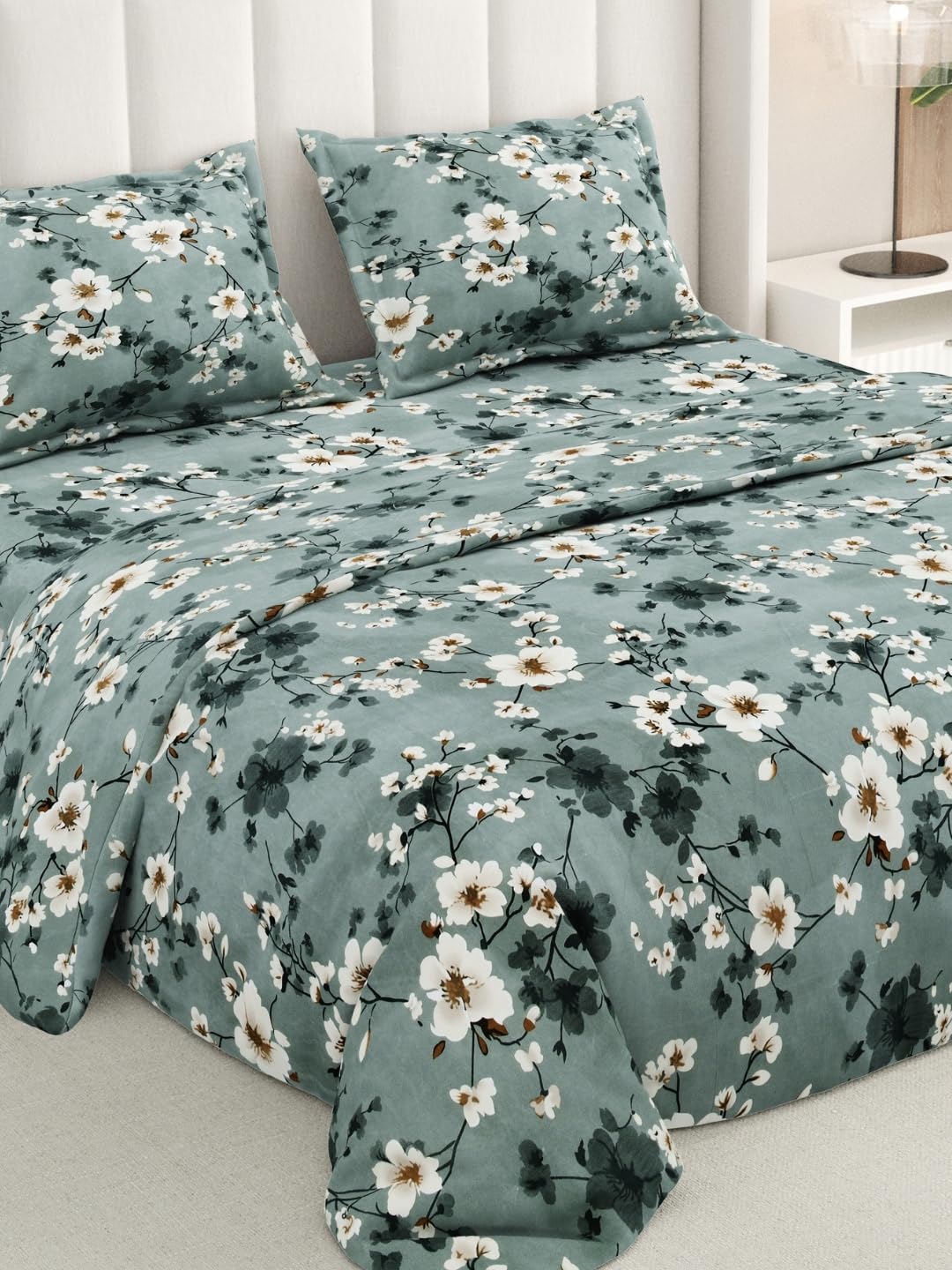 Rivermoor 200 TC Ultrasoft Bedsheet for Double Bed | Queen Size Bed Sheet with 2 Pillow Covers | Green Floral Print | 88 x 96 Inches | Breathable & Hypoallergenic