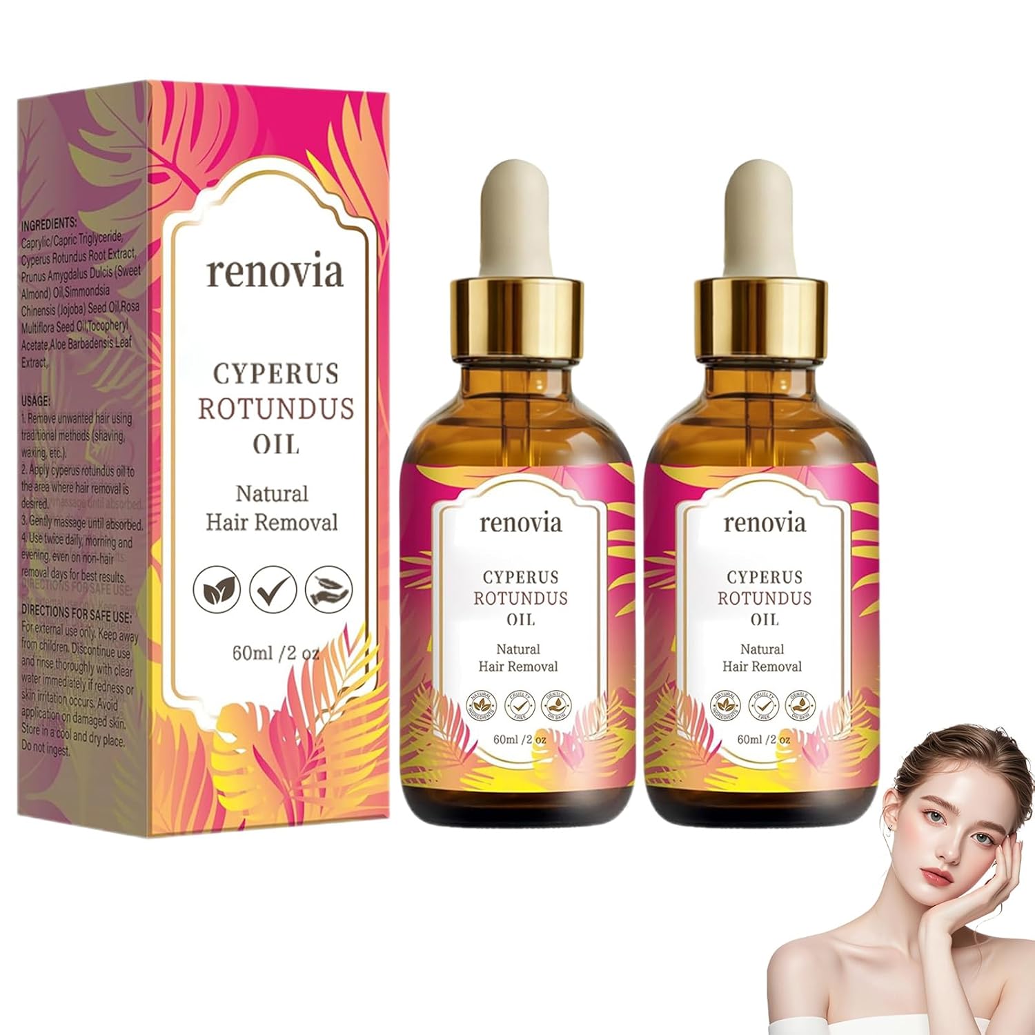 Cyperus Rotundus Oil for Hair Removal, 2026 New Renovia Hair Removal Serum, Reduces Unwanted Hair Growth, Pore Minimizer, Moisturizing & Soothing, Natural Herbal for All Skin Types (2 Pack)
