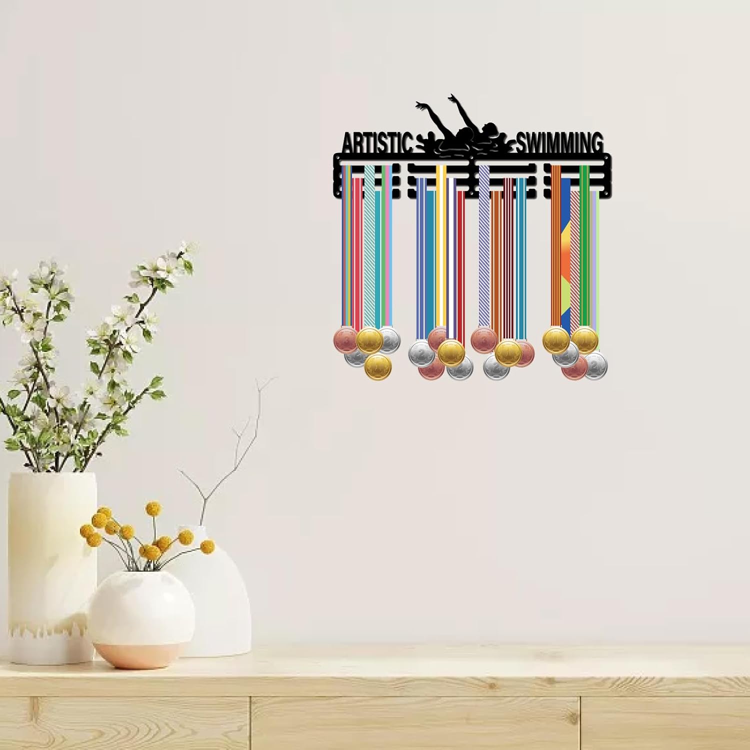 CREATCABIN Artistic Swimming Medal Holder Display Medal Hanger Medal Wall Mount Frame Sports Hanging Athlete Metal Iron Black Organizer Rack for Hanging 60 Medals Awards Football Soccer 15.7 x 5.9Inch