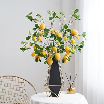 IUIBMI 3 Pack Artificial Lemon Branch, Yellow Vivid Fake Lemon Branches with Green Leaves, Artificial Floral Picks Spring Lemon Decorations for Kitchen Home Party Vase Decorations 3 Lemons