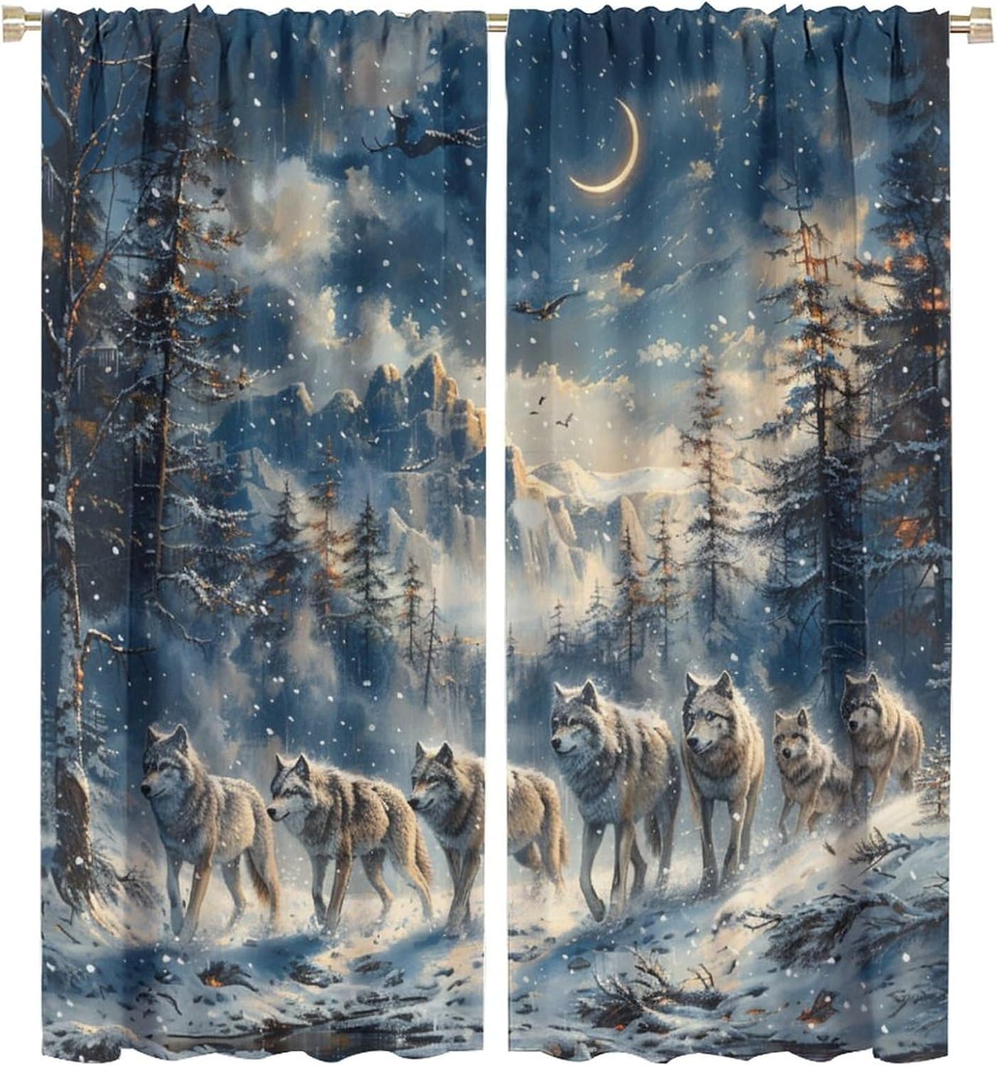 Winter Forest Wolf Blackout Curtains, Fantasy Star Moon Snowy Mountain Home Decor Rod Pocket Window Drapes for Living Room Bedroom- 2 Panels 42" W x 45" L