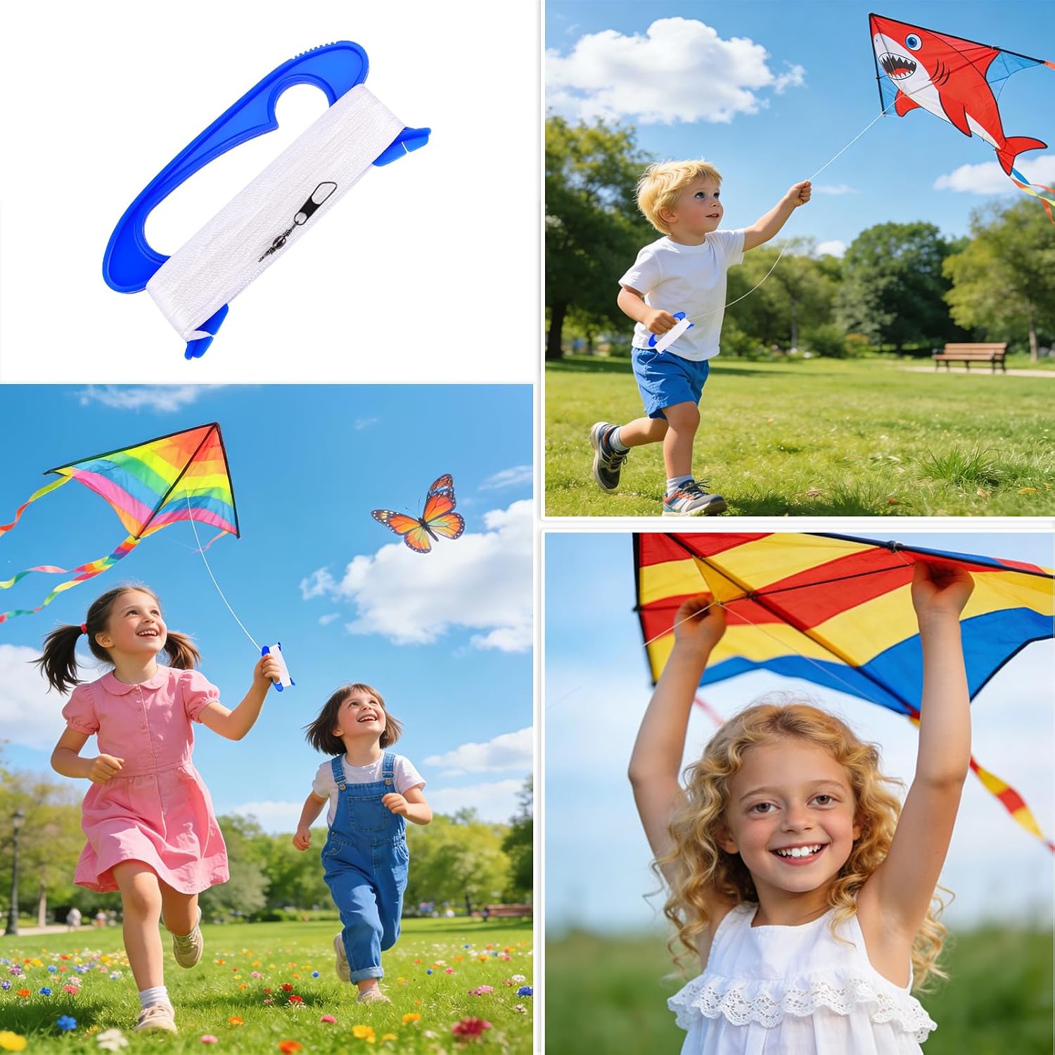 IMAGE Kite Spool Handle,100M/328 Feet Nylon Kite String with Handles, 4Pack | High-strength line with quick connect clips, vibrant and bright, durable outdoor sports tool,blue