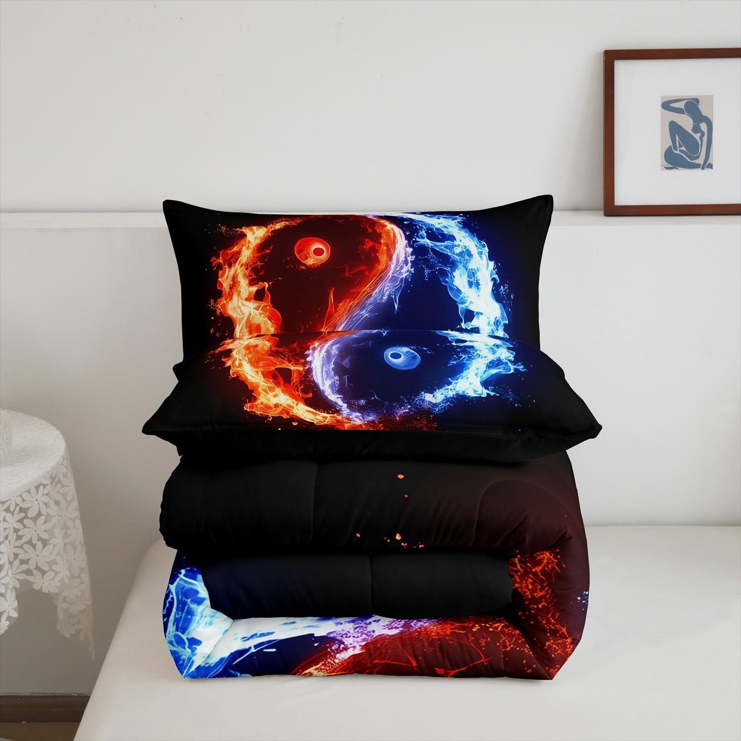 Erosebridal Yin Yang Comforter Set Queen Size, 3D Tai Chi Printed Bedroom Decor Bedding, Fire Water Taoist Culture Bedding Comforter Sets for Bed, Black Blue Bagua Kids Boys Lightweight Duvet Insert