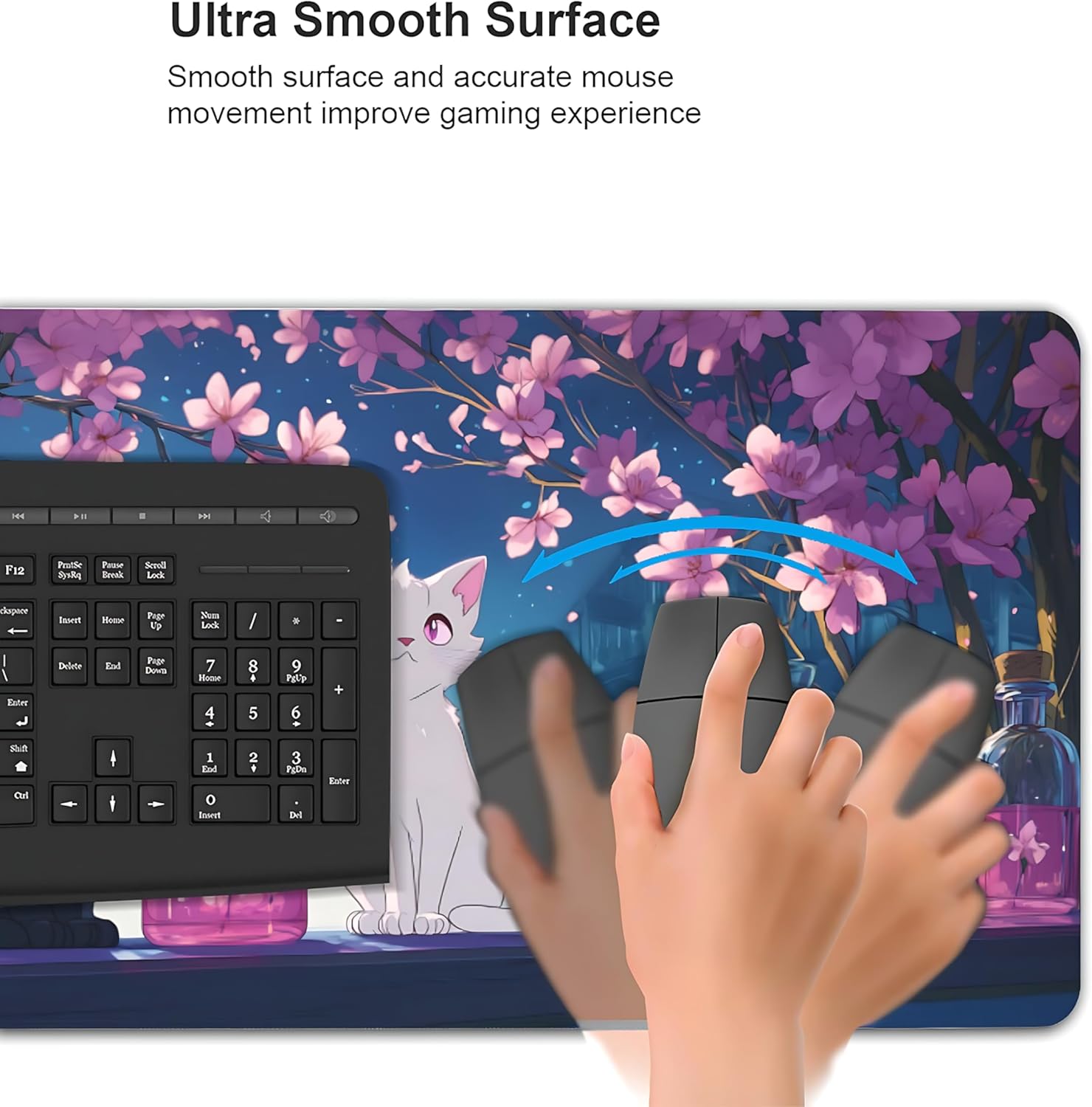 Cute Anime Black&White Cat Gaming Mouse Pad, Blue Pink Anime Desk Mat with Anti-Slip Base & Stitched Edges,35.4" x 15.7" in Desk Accessories for Women, Home Office Decor & Artistic Gift