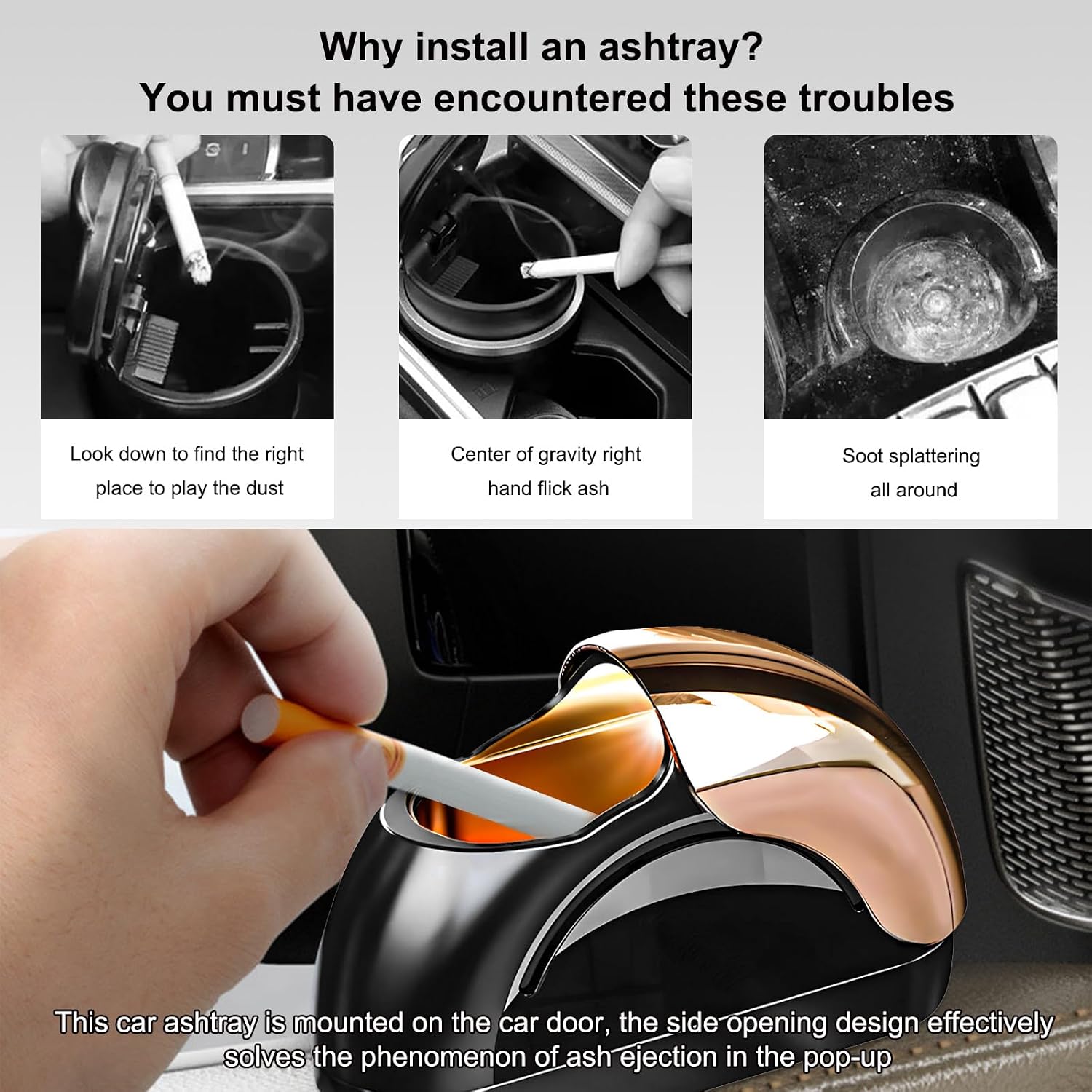 Wevdn Car Ashtray with Lid, Portable Smokeless Automotive Ashtray with LED Light, Windproof, Modern Style, Black & Golden image 4