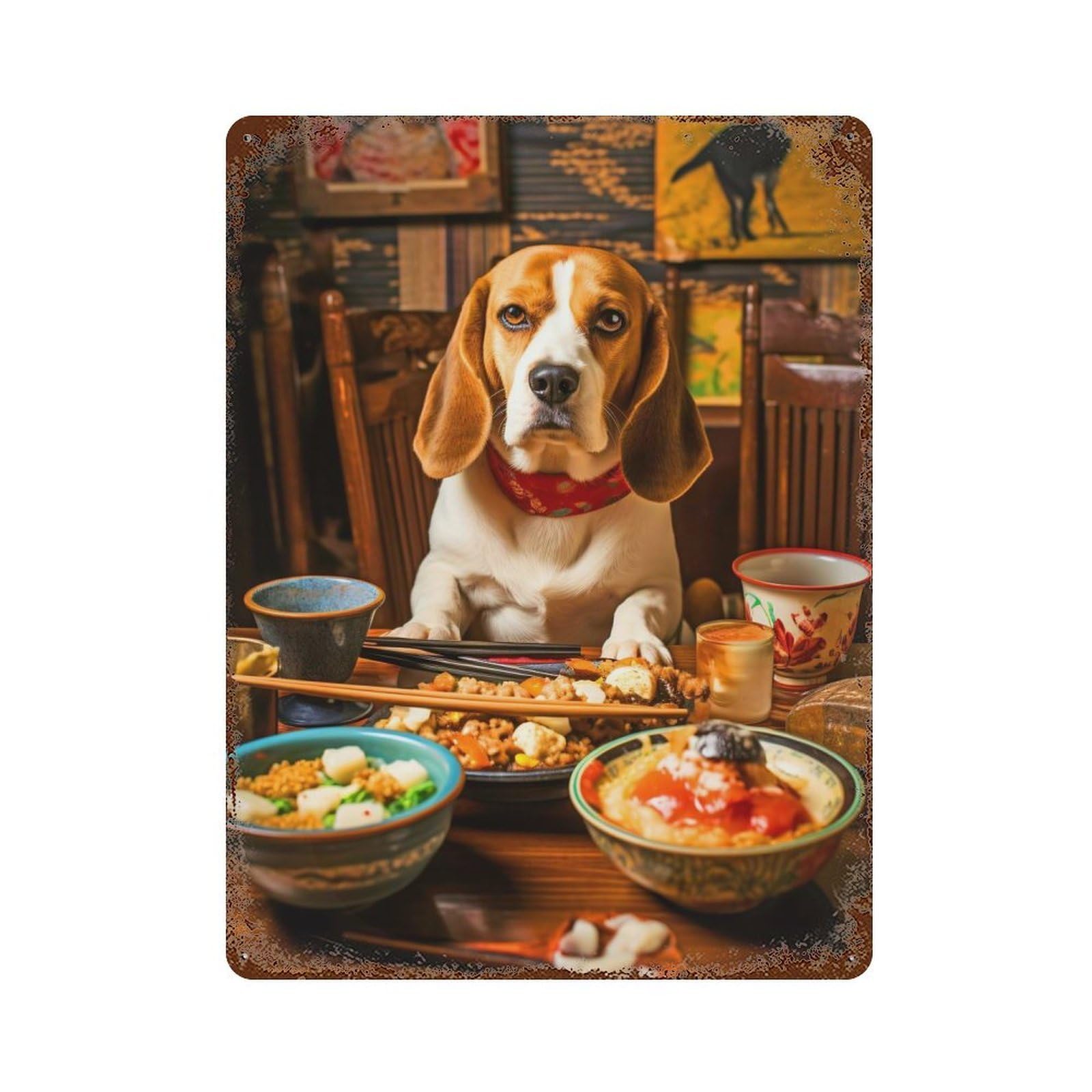 Beagle at Dinner Table Rust Effect Tin Sign 15.7"x11.8", Industrial Home Decor for Garage, Pub Or Kitchen