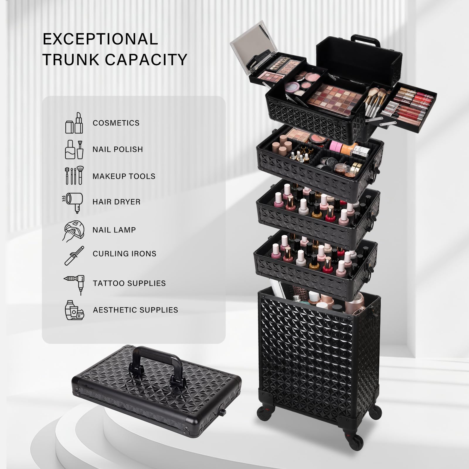 Kosmetikkoffer Trolley 6-in-1 Schminkkoffer mit Spiegel Schloss Großer Kosmetik Reisekoffer Make-up Organizer Schwarz