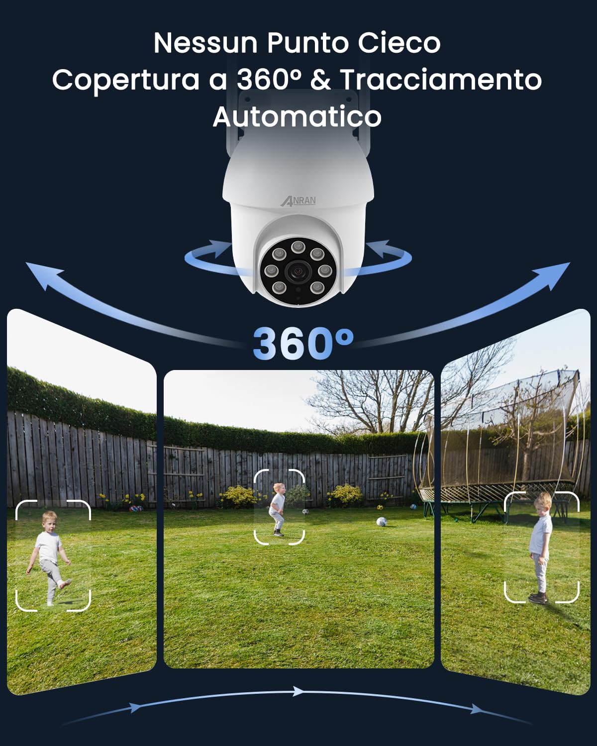 ANRAN 5MP Telecamera di Sorveglianza Esterno, Supporto WiFi 2,4/5GHz | 360° PTZ, Tracciamento Automatico, Rilevamento PIR, Visione Notturna a Colori, Audio Bidirezionale, Alexa, P3 Max