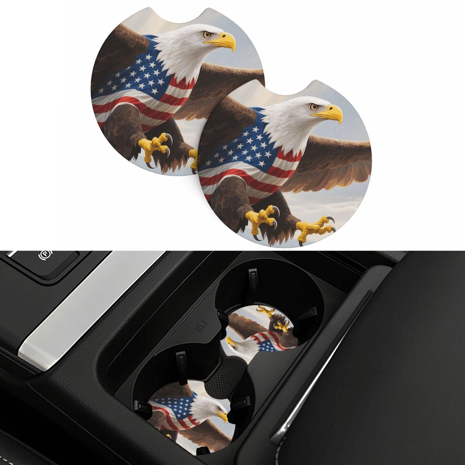 2 Pack Car Coasters,2.7" Universal Car Cup Holder Coasters Non-Slip Neoprene Cup Pad Mat Coaster Car Interior Accessories for Women Men American Eagle Flag