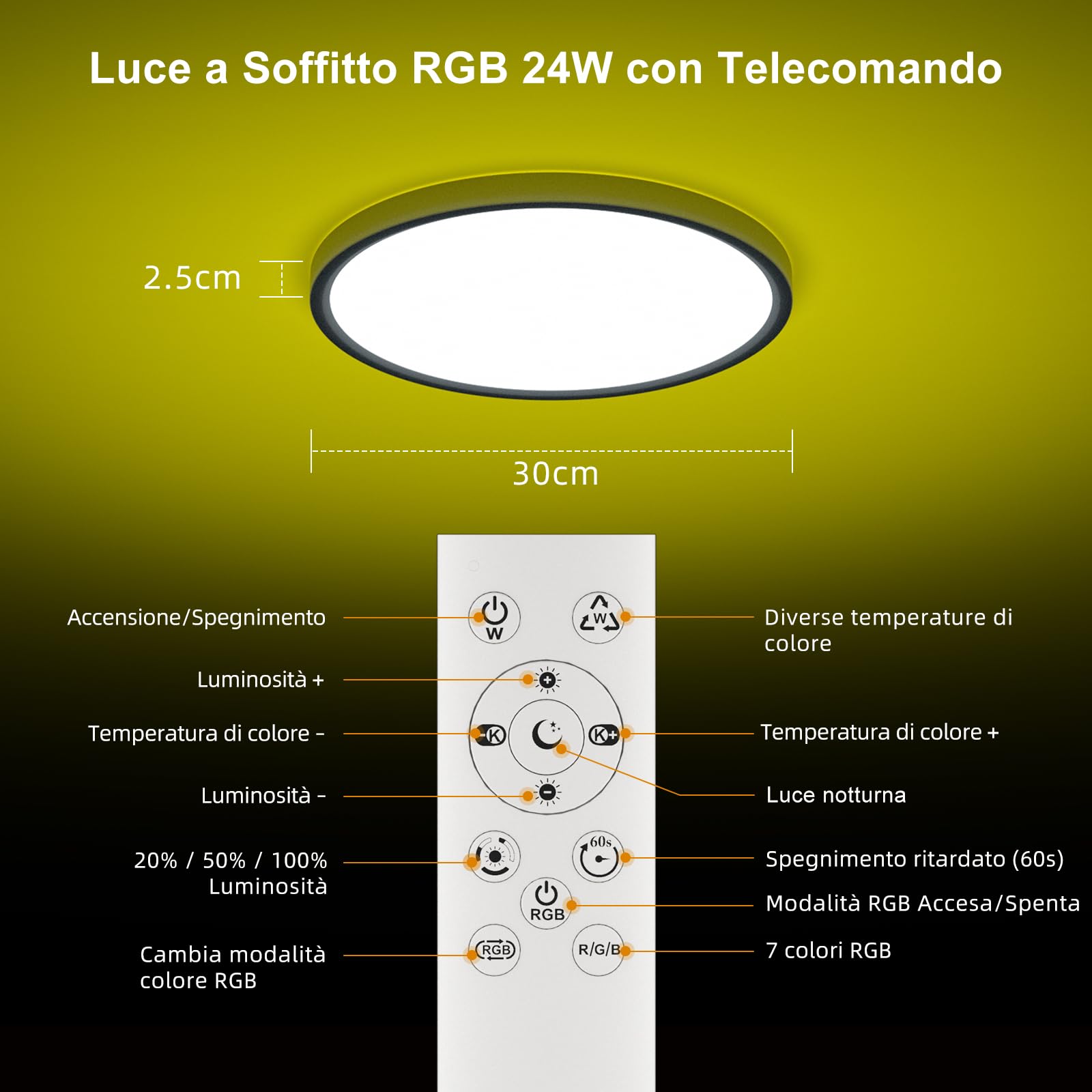 DetarZinLED Plafoniera LED Soffitto Camera da Letto, 24W 2700LM 30cm Lampada da Soffitto Tonda Dimmerabile con Telecomando, Lampadario Bagno IP44 Impermeabile, Luci RGB Colorate per Corridoio Interno