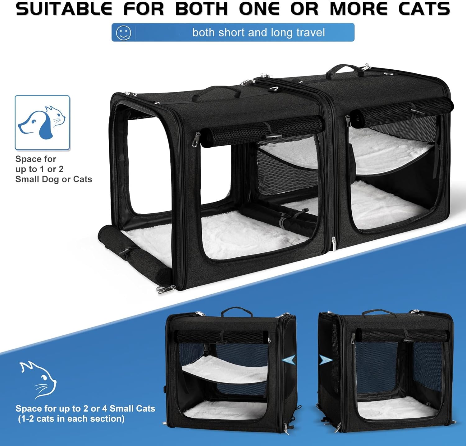 Suertree Large Cat Carrier for 2 Cats with Zipper Locks, Double Cat Carrier with Travel Litter Box, Soft Pet Travel Carrier for Cats and Small Dogs Up to 45 Lbs, Black