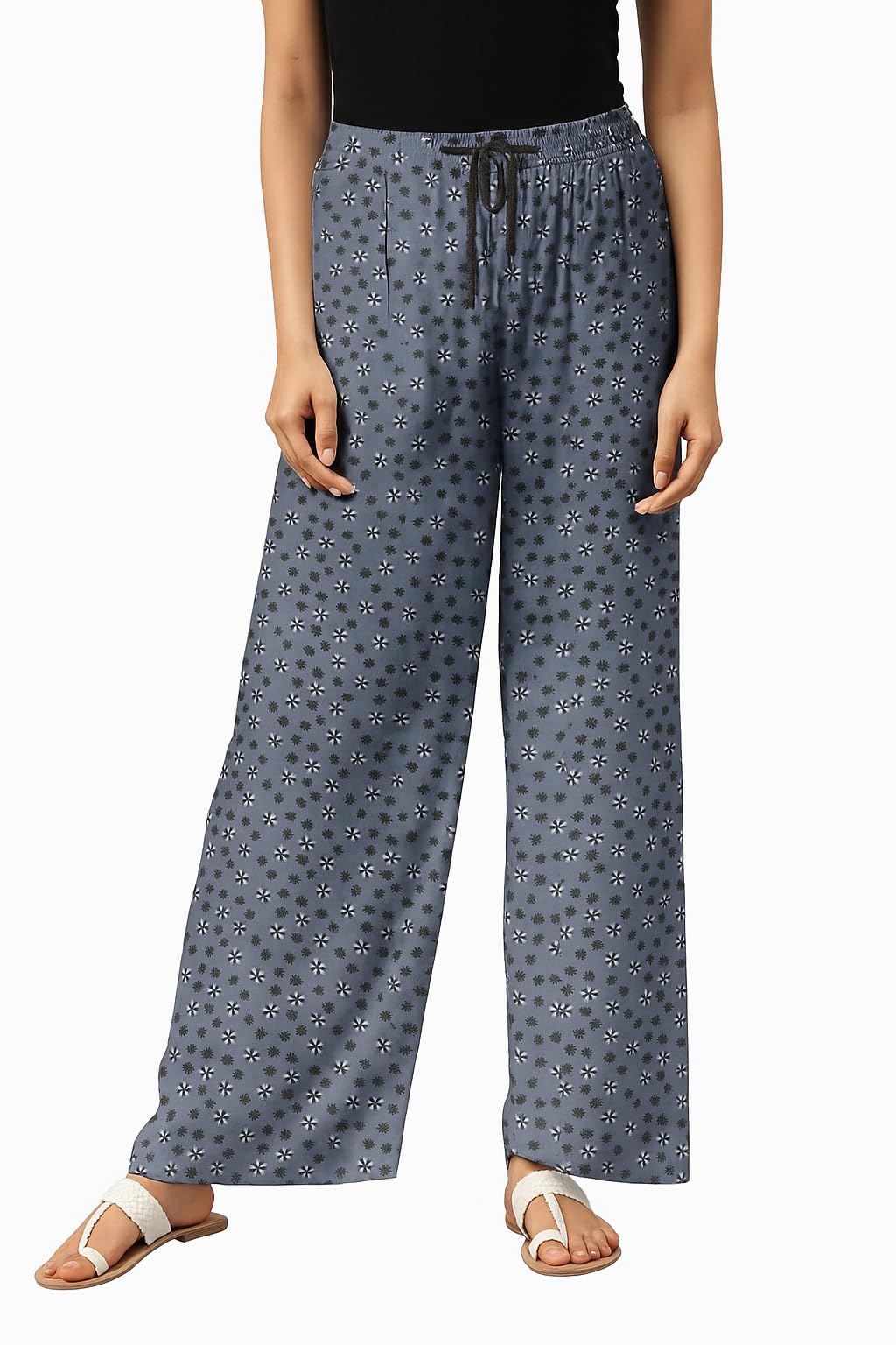 Women's Floral Print Cotton Rayon Wide Leg Palazzo Pants with Elastic Waist, Drawstring, Casual Lounge Wear (Gray)-image-14