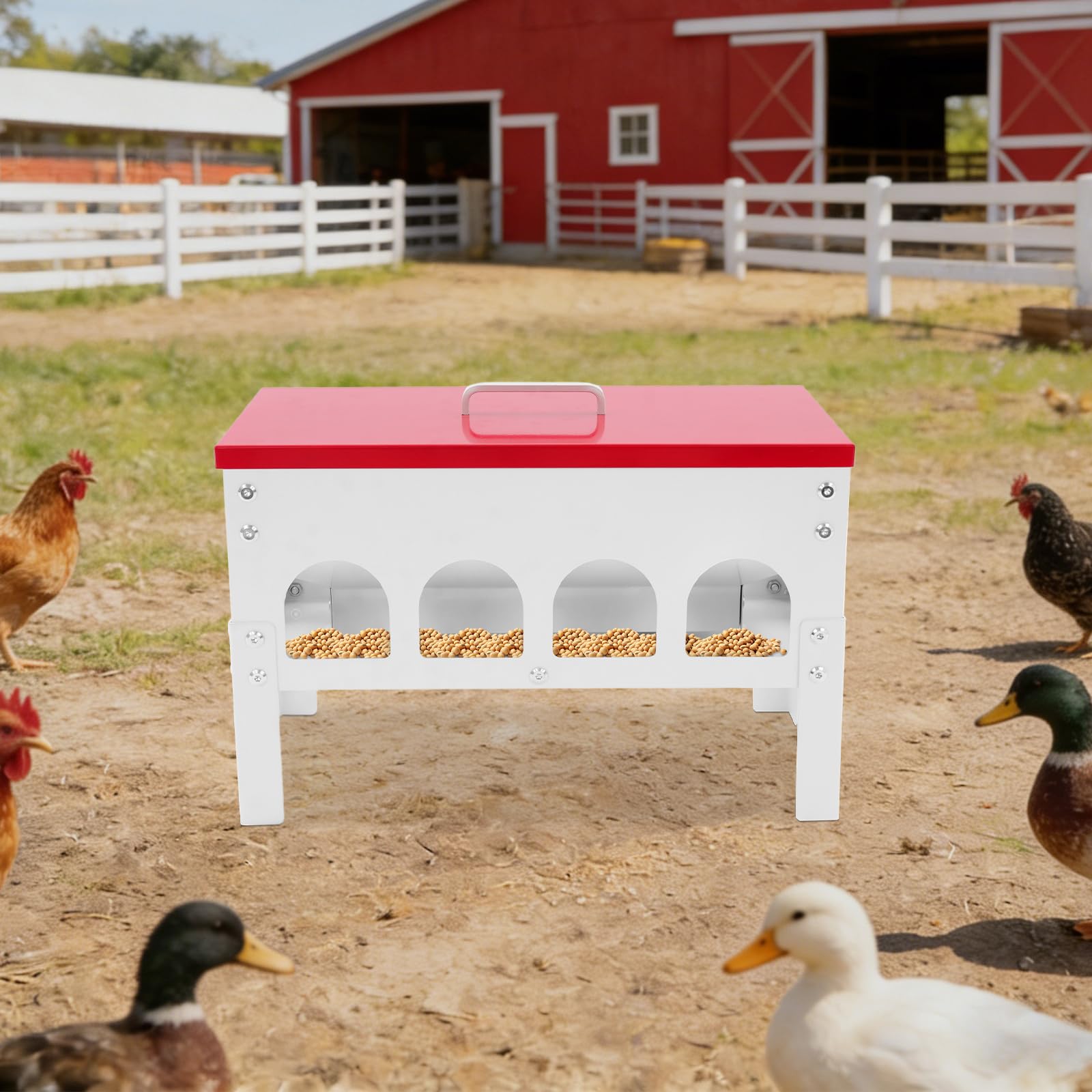 Comedero automático para pollos, 10 L, hierro, bebedero automático para pollos con 10 puntos de alimentación y tapa, accesorio grande para gallinas, comederos para aves de corral, pollos, patos