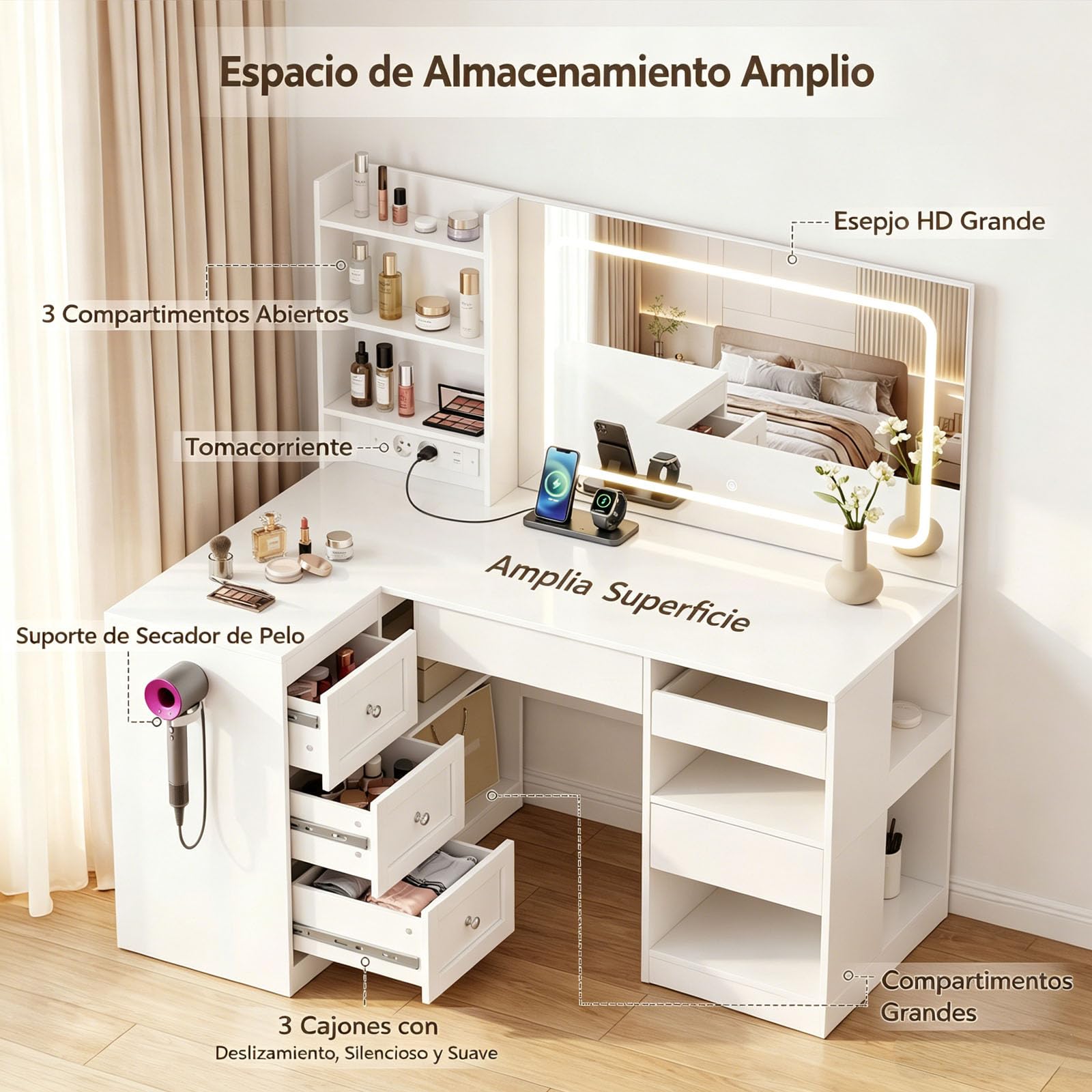 YOUDENOVA Tocador de Maquillaje Grande con Luz y Enchufes, Color y Brillo Ajustables, 86 x 61 CM Espejo con 3 Estantes y 3 Cajones, Mesa Maquillaje con 4 Compartimentos Moderno, 120x80x136cm, Blanco
