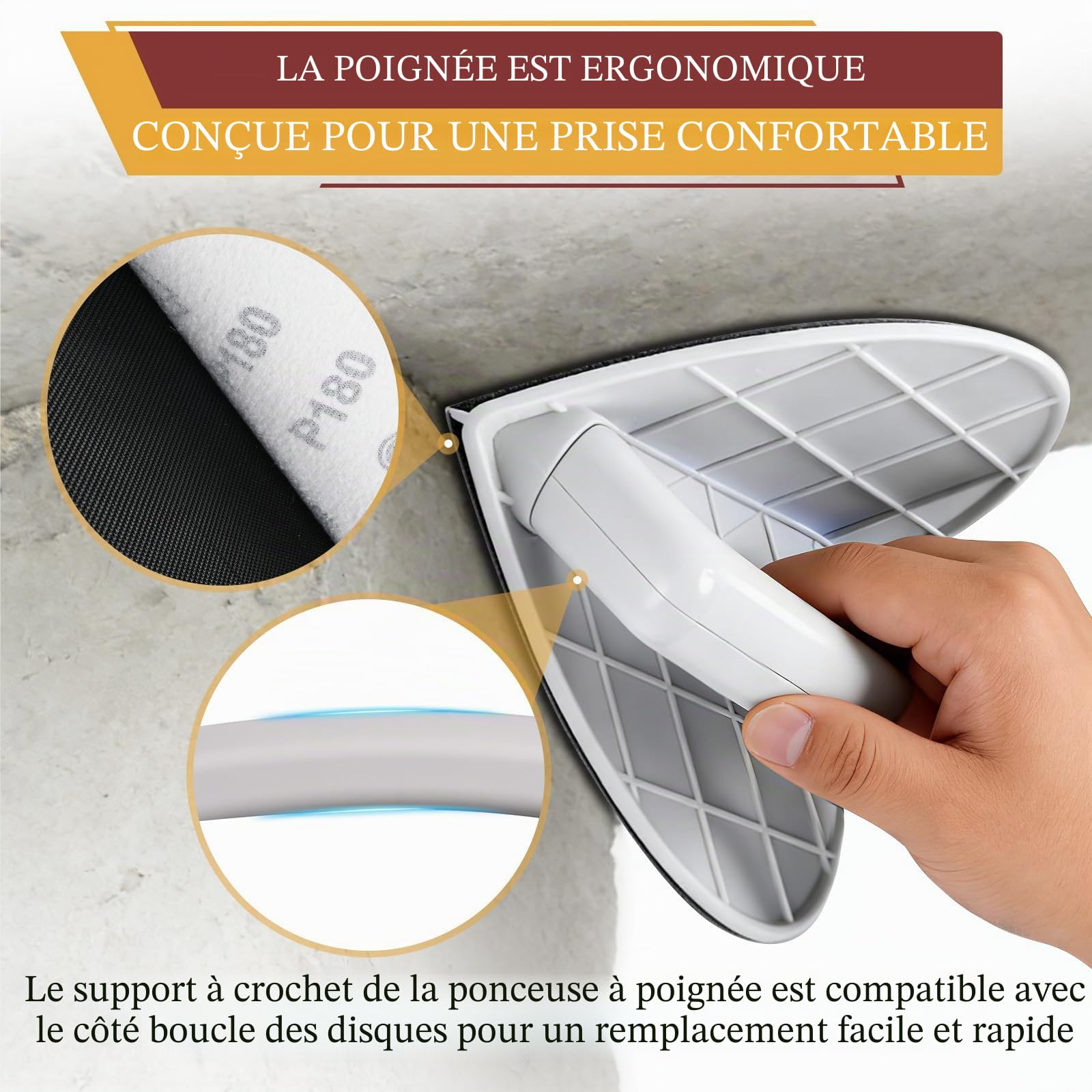 Ponceuse d'angle pour cloison sèche, outil de ponçage d'angle avec 12 disques de ponçage réutilisables de 22,9 cm pour nettoyage des murs et des coins (grain 120/180/240)