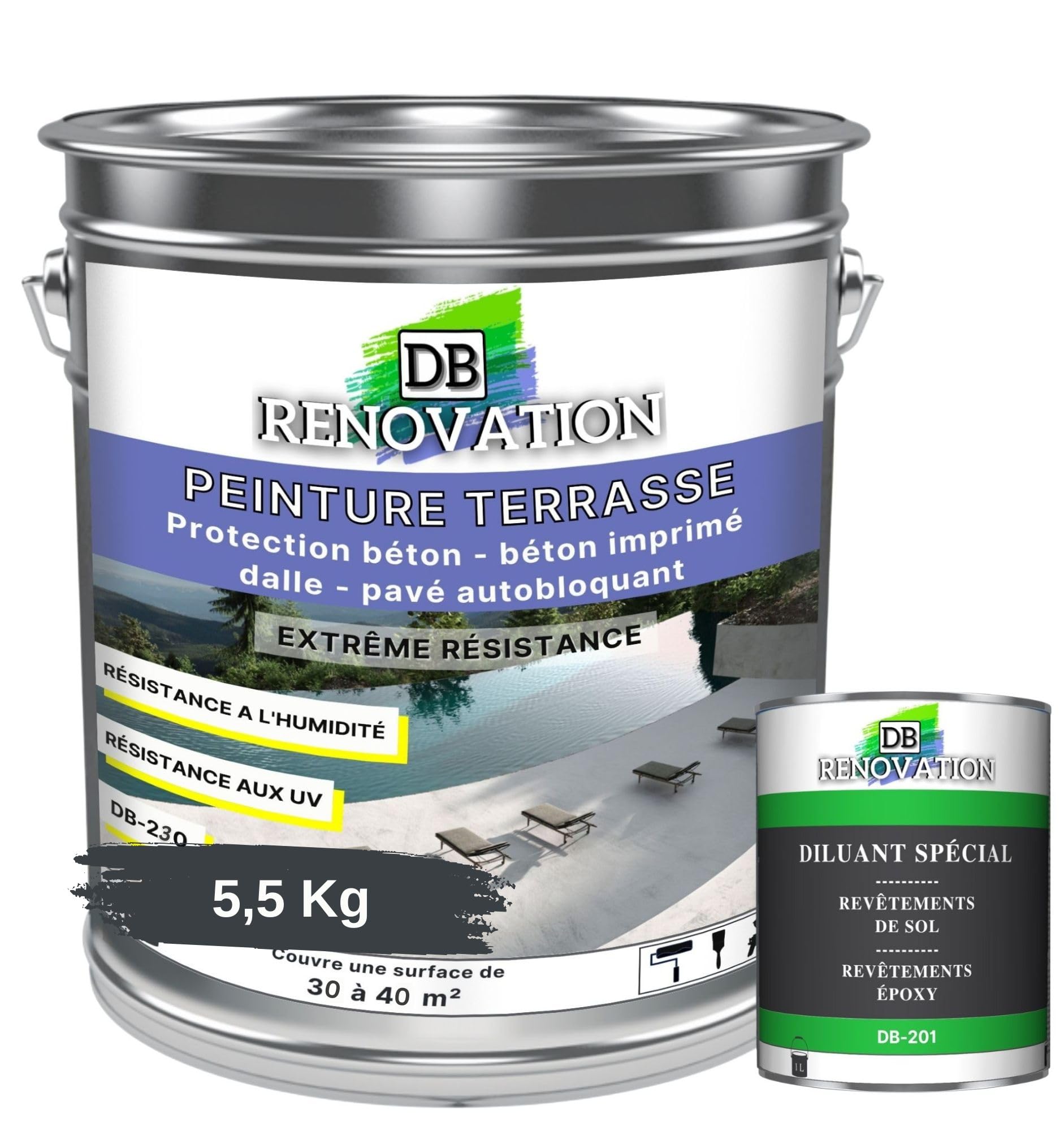 PEINTURE SOL TERRASSE Extérieur pour béton, pavé - Forte protection UV - Haute imperméabilité - Passage fréquent - Gris anthracite 5,5KG + 1L Diluant