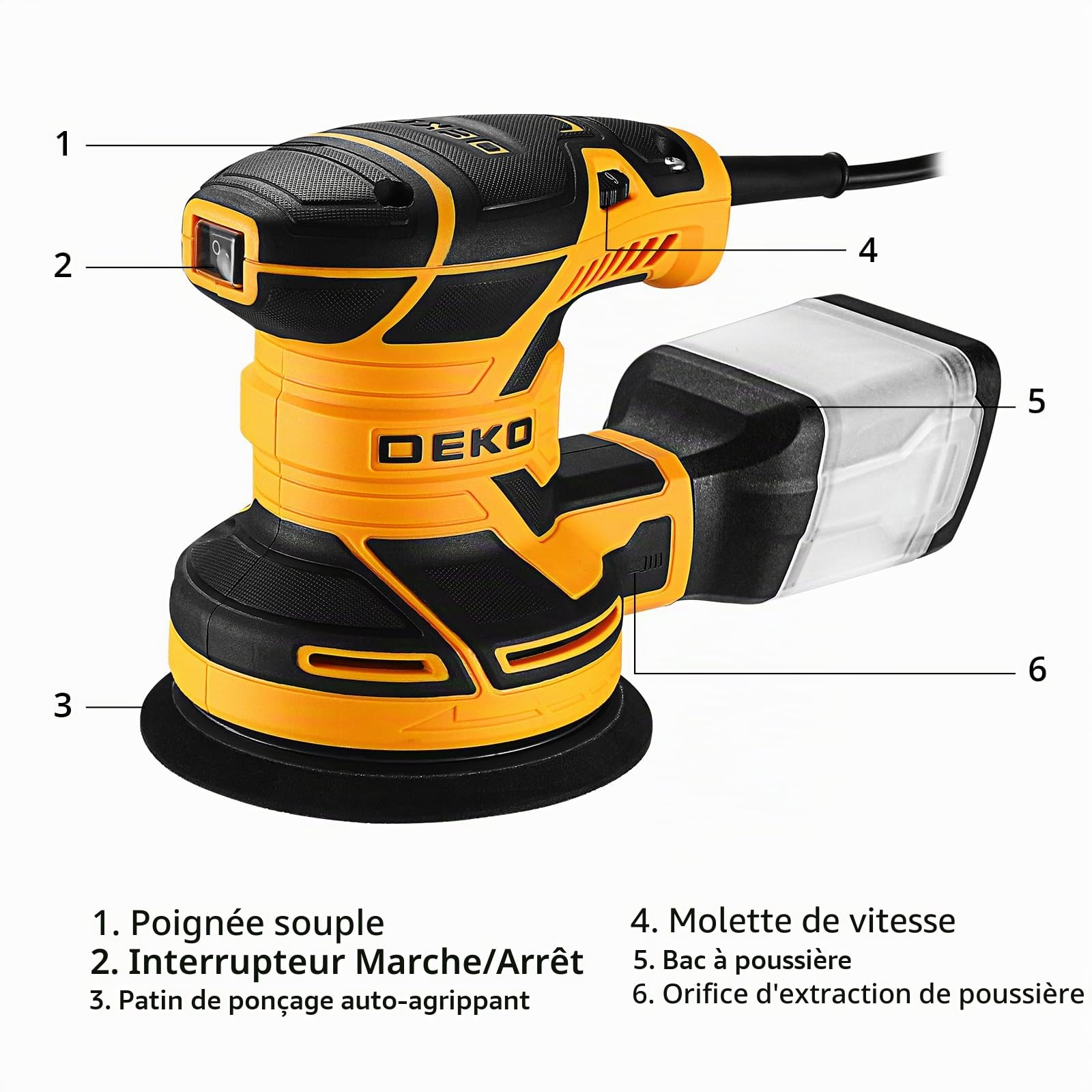 DEKOPRO 300W Ponceuse Orbitale Excentrique, 6 Vitesses, 14000RPM, Papier Abrasif 16 Pièces, Patin de Ponçage 125mm, Collecteur de Poussière, pour Surfaces en Bois et Acier