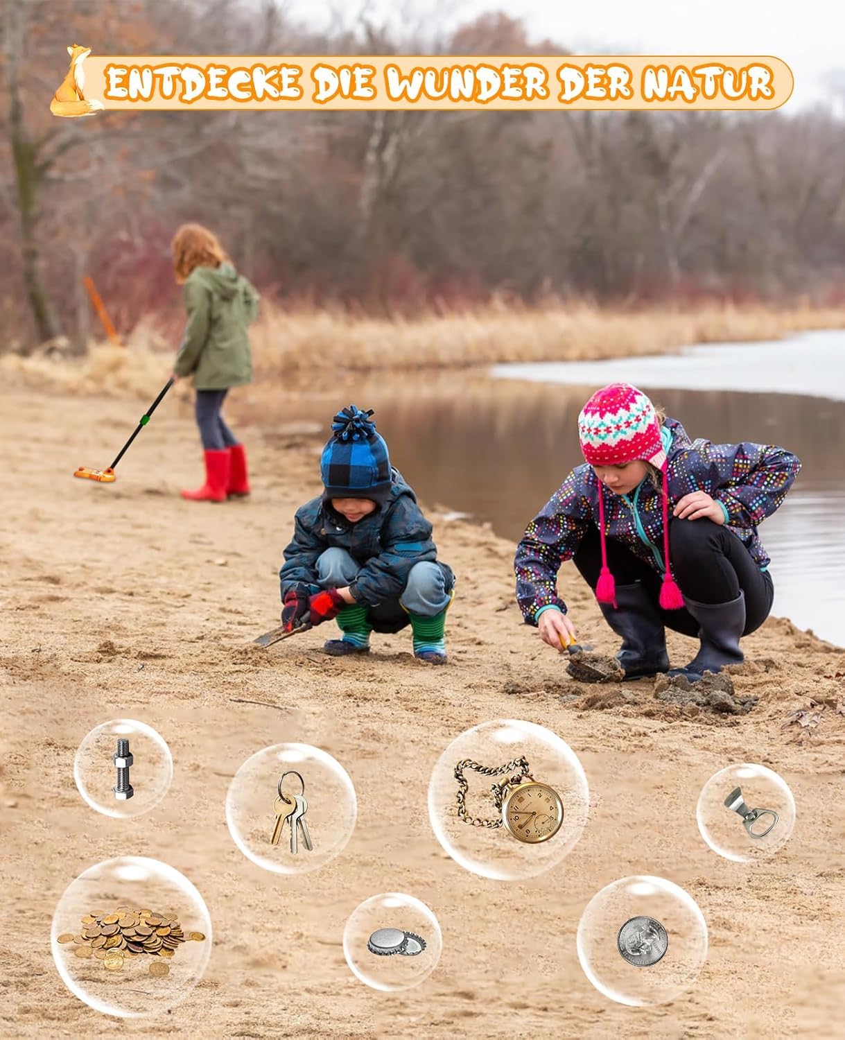 Metalldetektor Kinder,30-38 Zoll einstellbar,Tragbar Und Leicht Metallsuchgerät,Geeignet für Outdoor-Abenteuer von Kindern,Metal Detector Mit Schaufel Und Rechen