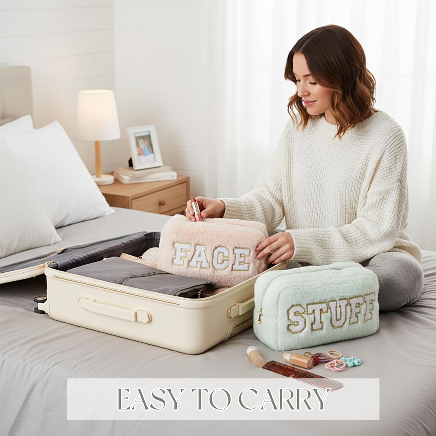 Paterr 4 Pieces Preppy Makeup Bag Chenille Letter Faux Fur Fluffy Bag Preppy Stuff Face Skin Hair Stuff Cute Toiletry Cosmetic Travel Bags Pouch with Zipper for Girls Women(Light Colors)