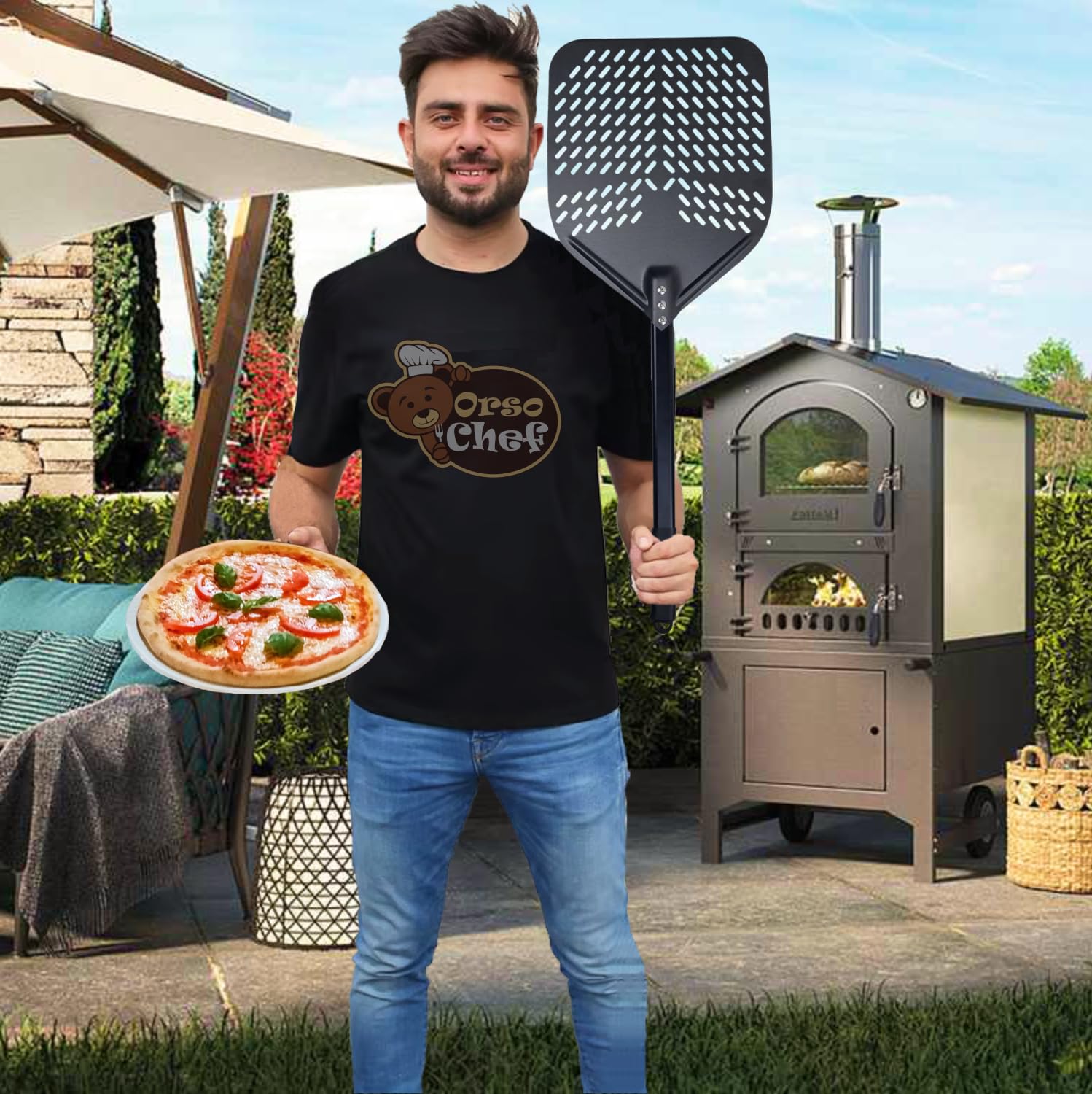 Pizza łopata 70/110 Cm. Gruby aluminiowy uchwyt i zdejmowany drewniany uchwyt - Profesjonalne Otwory dla Idealnego Wypieku – Idealna do Piekarnika Domowego, Pizzerii, Piekarni