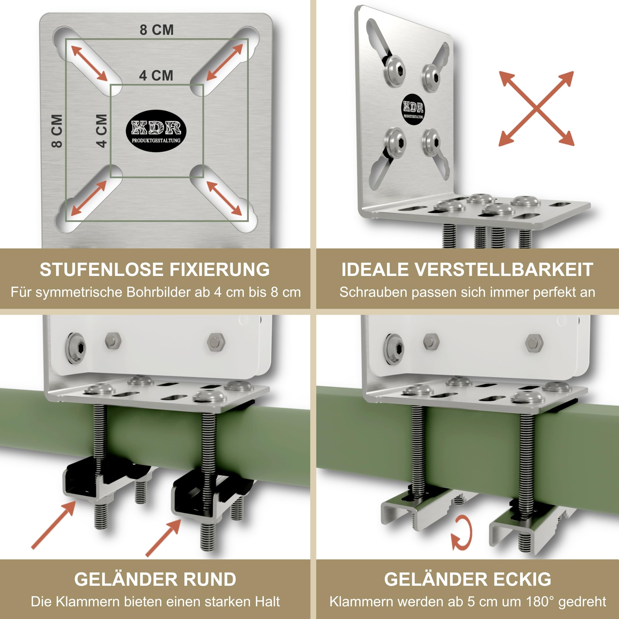 KDR Balkonfächerhalter aus Edelstahl – Halterung ohne Bohren für Balkonfächer & Seitenmarkisen bis 160×160 cm – Klemmhalter für runde & eckige Geländer – rostfrei, wetterfest, stabil