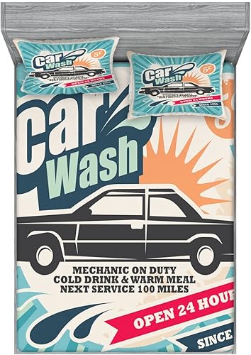 Ambesonne Retro 2 Pack Fitted Sheet & Pillow Sham Set, Vintage Car Repair Artwork, 4 Pcs Bedding Decor, Package Contains 2 Full Size Fitted Sheets &