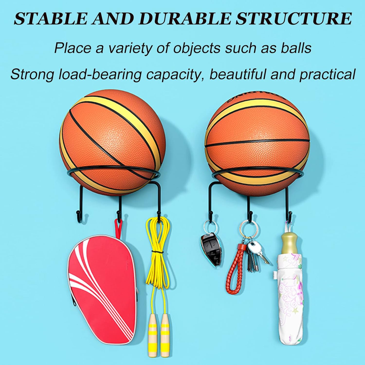 Wall Mounted Sport Ball Storage Rack Set, Basketball Holder with Hooks, Room Decoration Spheres Display Shelving Sports Equipment Organizer, Metal Shelf for Volleyball Ru（White-2-piece bracket）