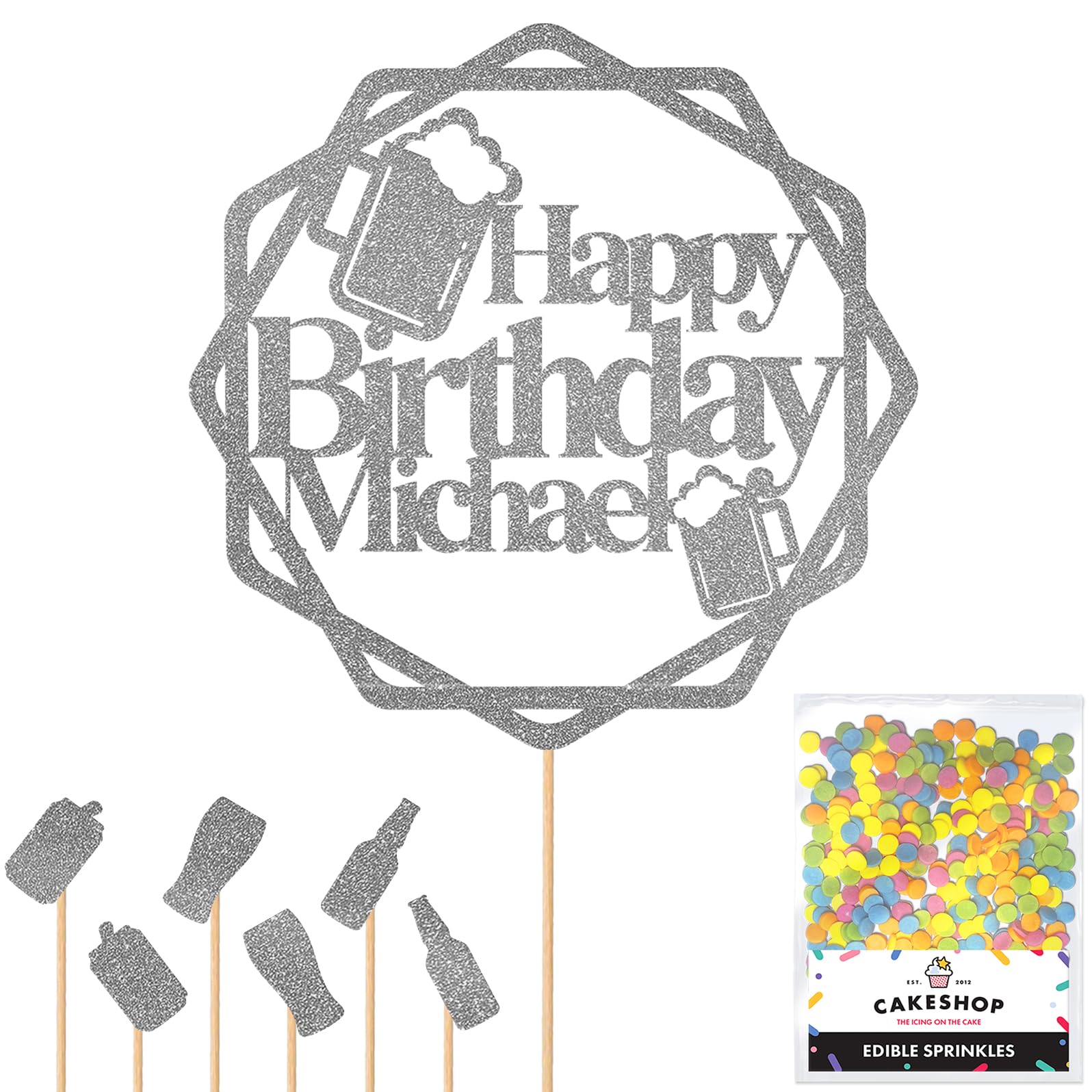 Personalised Cheers Lager Ale Beer Glitter Cake Topper - Dark Silver Custom Age Glitter Cake Decoration and Sprinkles - Happy Birthday Decorations - Personalised Toppers for Cakes by Cakeshop