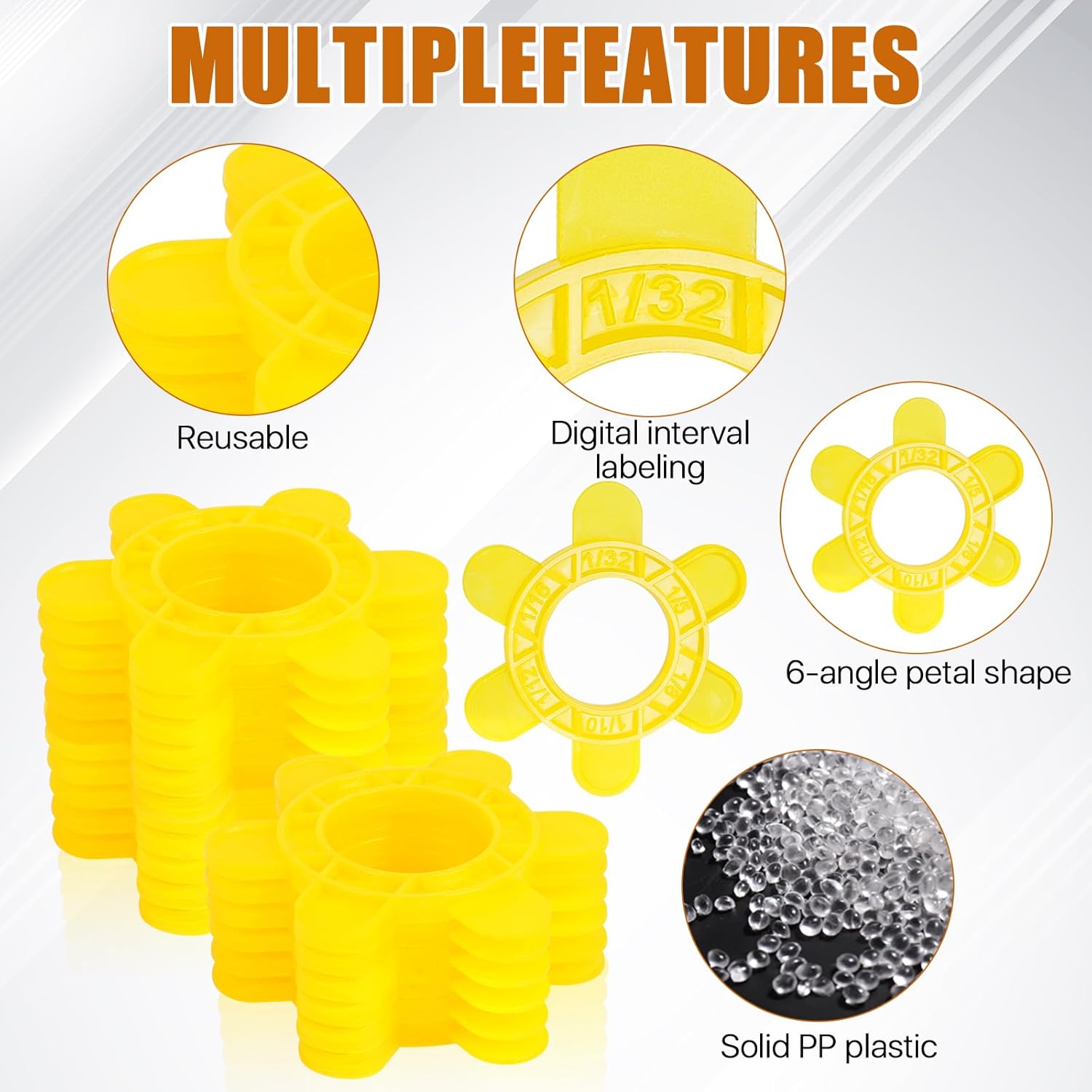 200 Pcs Reusable Hexagon Tile Spacers 1–5mm, 6 Sizes in 1 Large 6.7cm Plastic Tile Leveling Shims, Colour Coded Gap Clips for Wall & Floor Tiling, Fast Removal (Yellow)