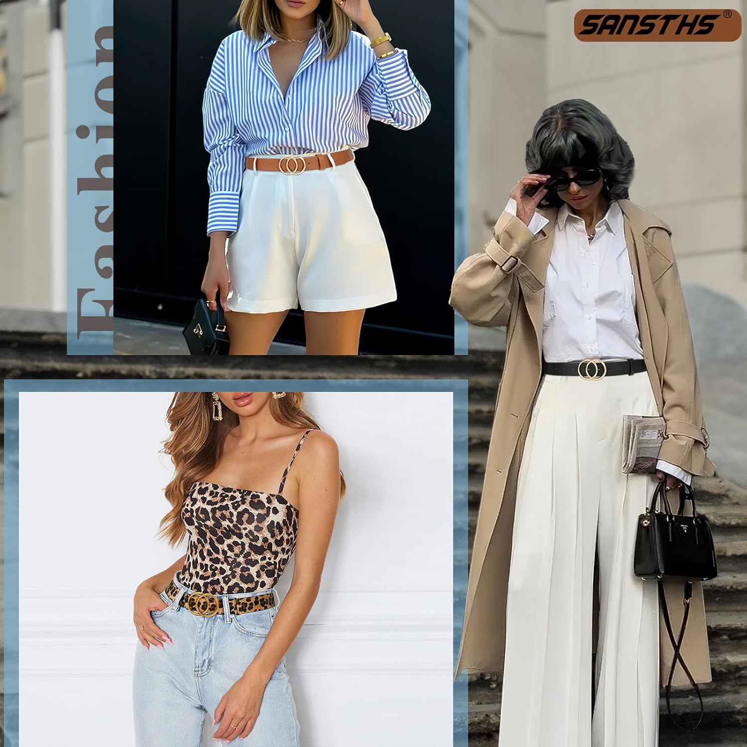 SANSTHS 3 Pack Women Waist Belts for Jeans Pants Dresses, Ladies Belt with Double O-Ring Gold Buckle - Image 4