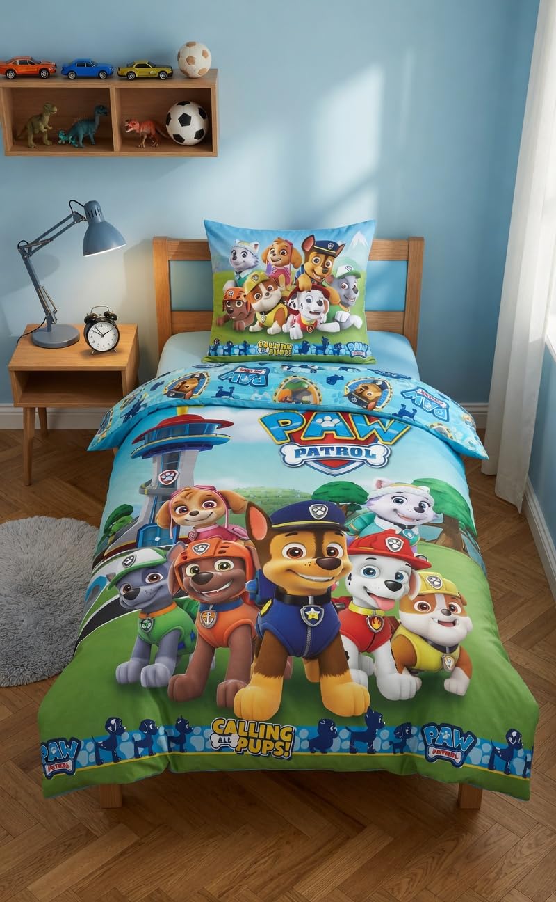 Paw Patrol Carbotex Bettwäsche Calling All Pups – Bettbezug 140 x 200 cm + Kissenbezug 65 x 65 cm | Wendebettwäsche Einzelbett | Naturbaumwolle atmungsaktiv | Nickelodeon | Kinder | Geschenk | Maschinenwaschbar