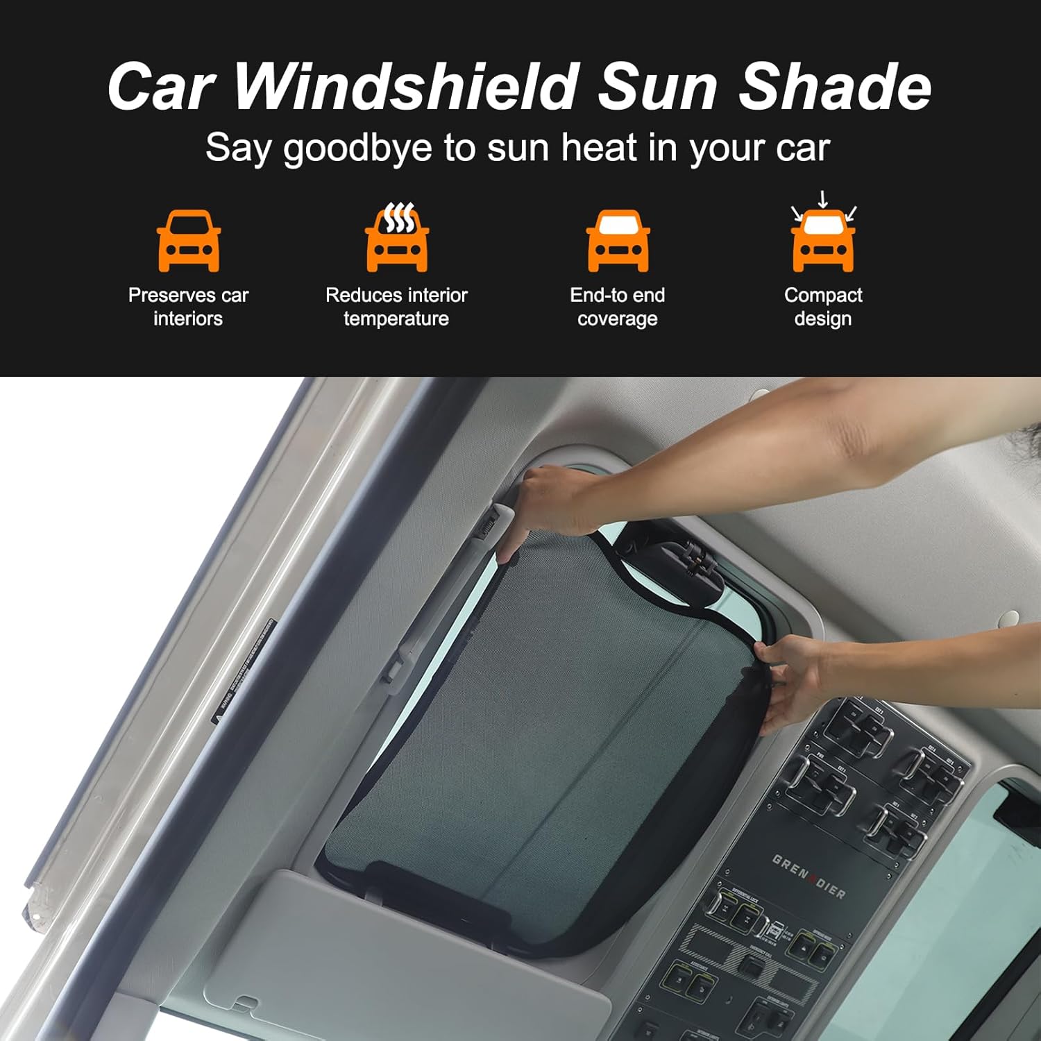 Compatible with INEOS Grenadier 2020-2026 Car Sunroof Sun Shade, Foldable Memory Steel Wire Car Sunroof Sun Shade Breathable Mesh Keep Cool