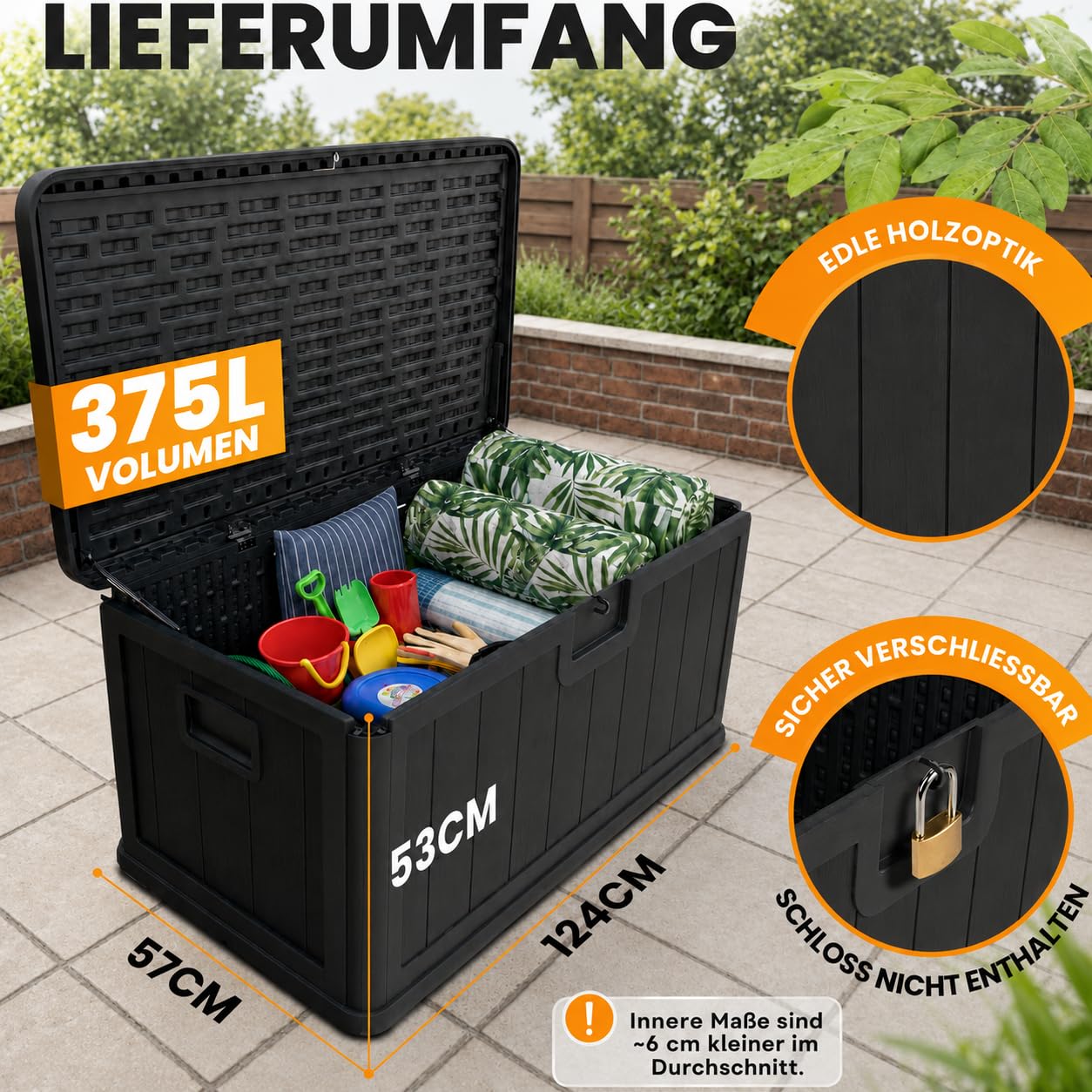 Naturiz® Gartenbox wasserdicht & stabil 375L - Aufbewahrungsbox XXL - Gartenkiste wetterfest - Auflagenbox, Kissenbox, Paketbox, Gartentruhe, Outdoor Box, Garten Box, schwarz (375L)