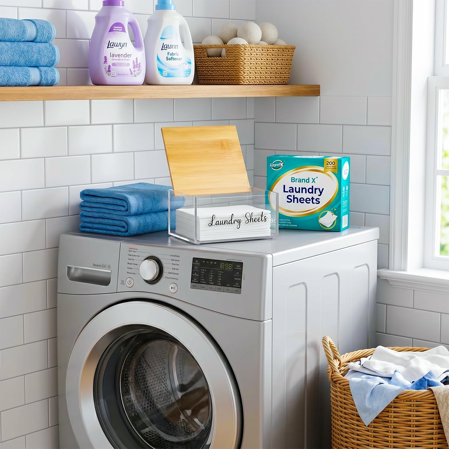 Acrylic Laundry Detergent Sheets Holder with Bamboo Lid, Laundry Soap Sheets Container Box Dispenser for Laundry Room