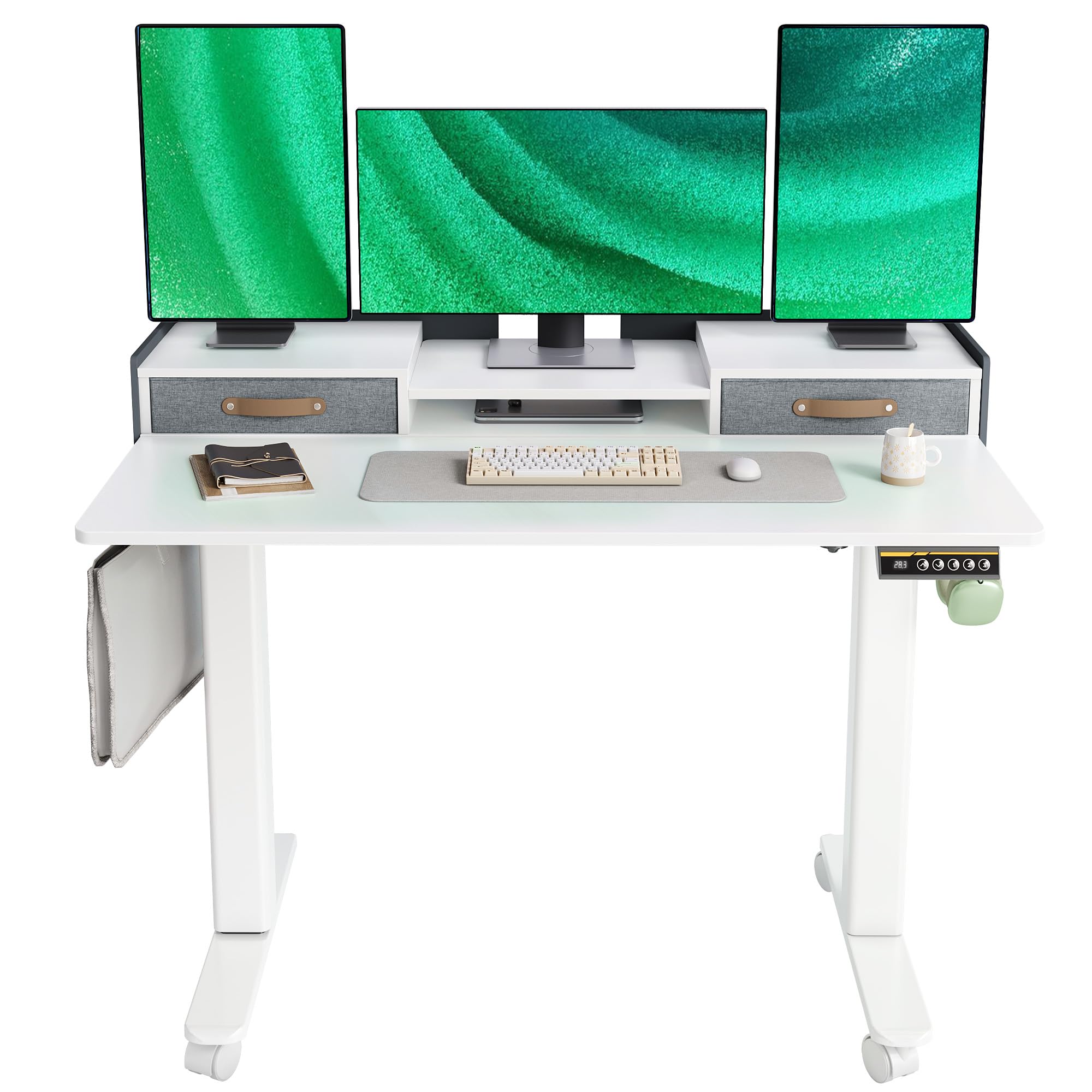 YDN Standing Desk with Drawers, 48 Inch Standing Desk Adjustable Height, Adjustable Electric Stand Up Sit Stand Small Desk with Storage and Shelf, White