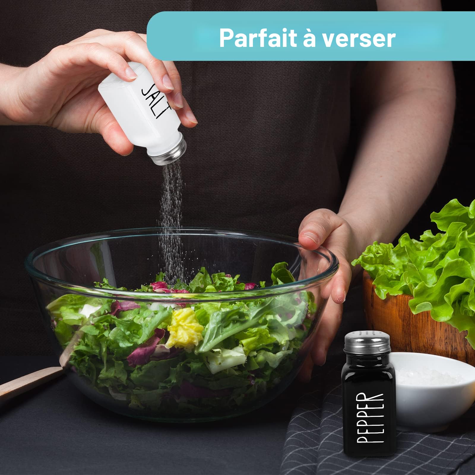 Lot de 2 salières et poivrières en verre avec couvercle en acier inoxydable, ensemble salière et poivrière moderne et mignon (noir et blanc